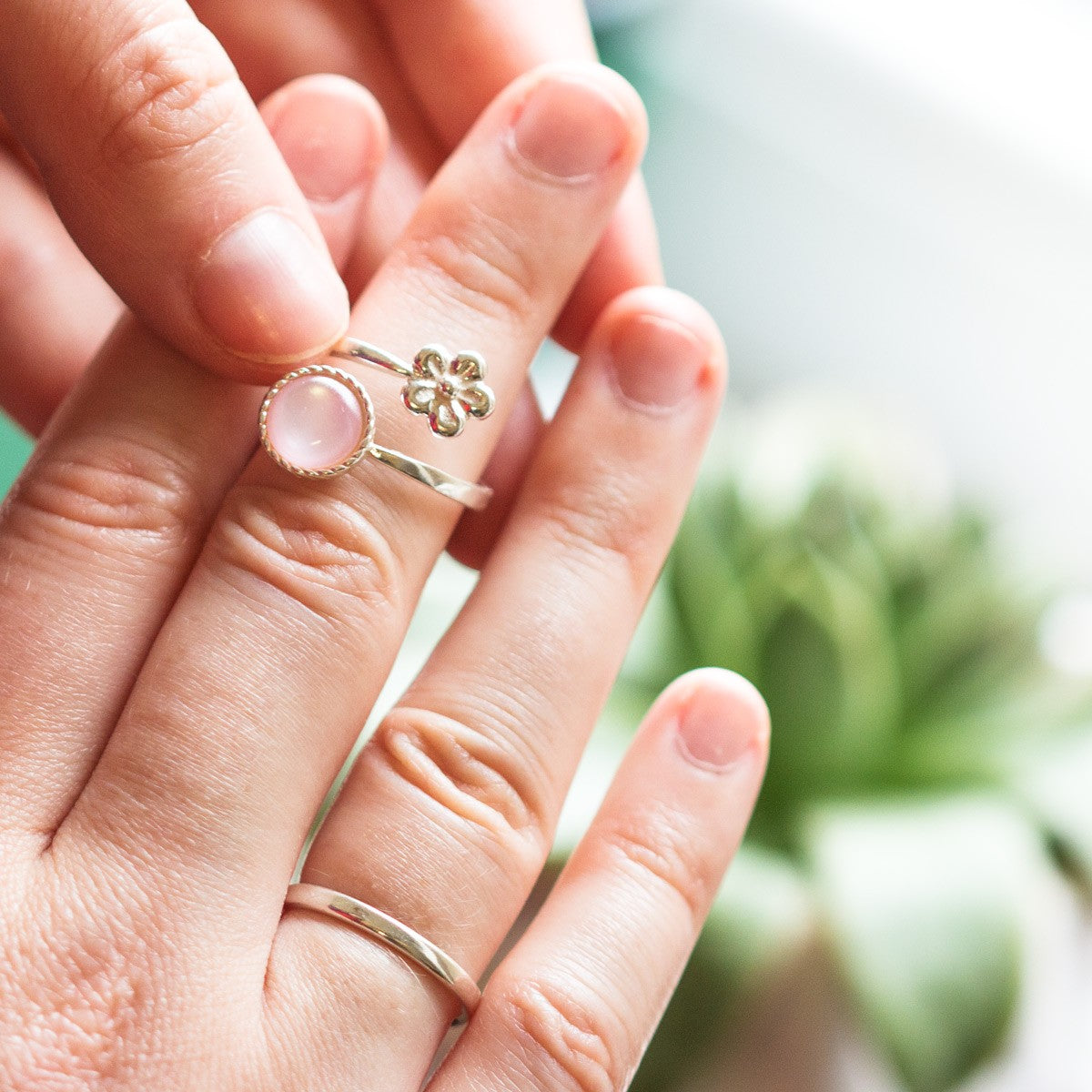 Sterling Silver Adjustable Milled Edge Flower Ring For 8mm Round Cabochon