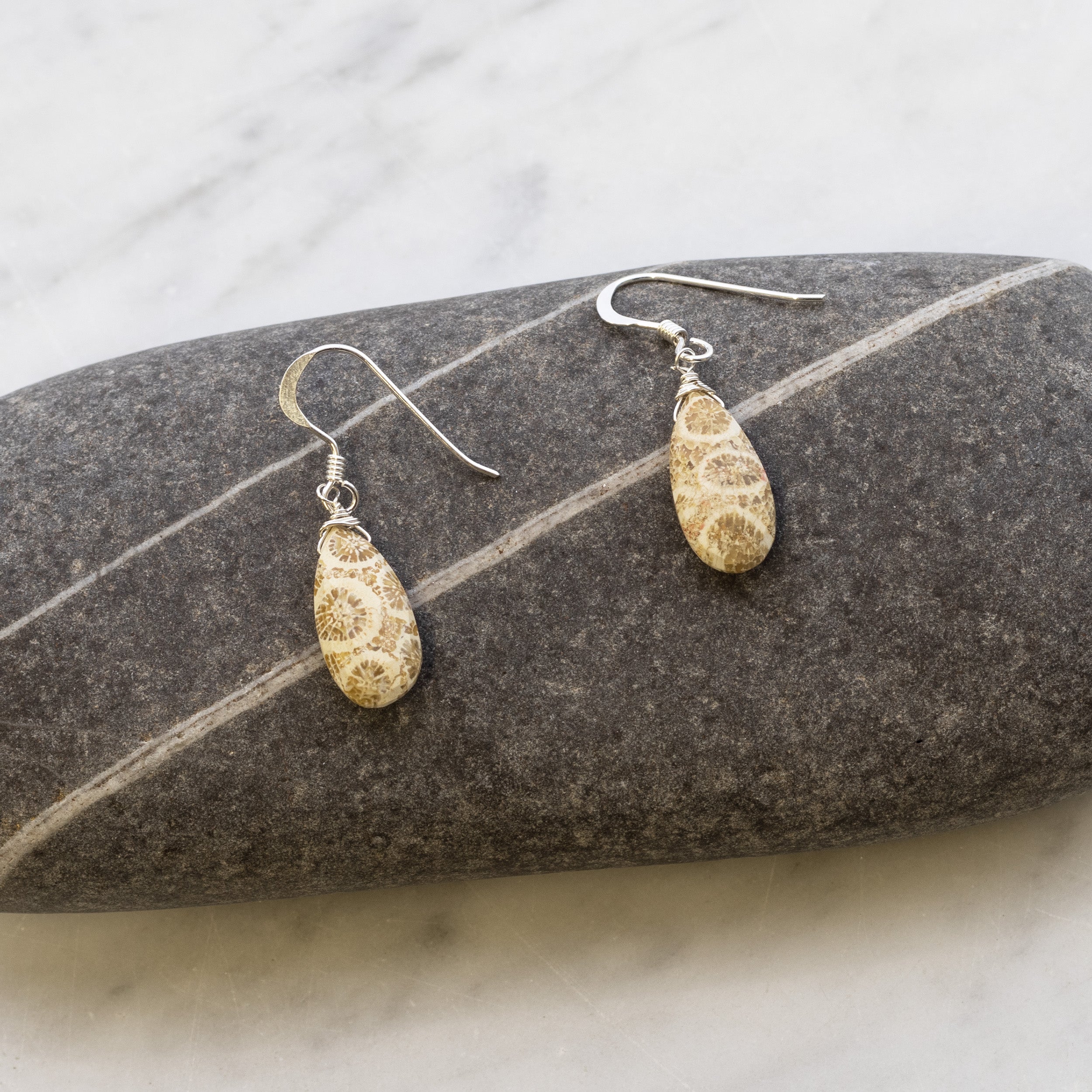 Fossilised Coral Faceted Teardrop Briolette Beads - From 8mm