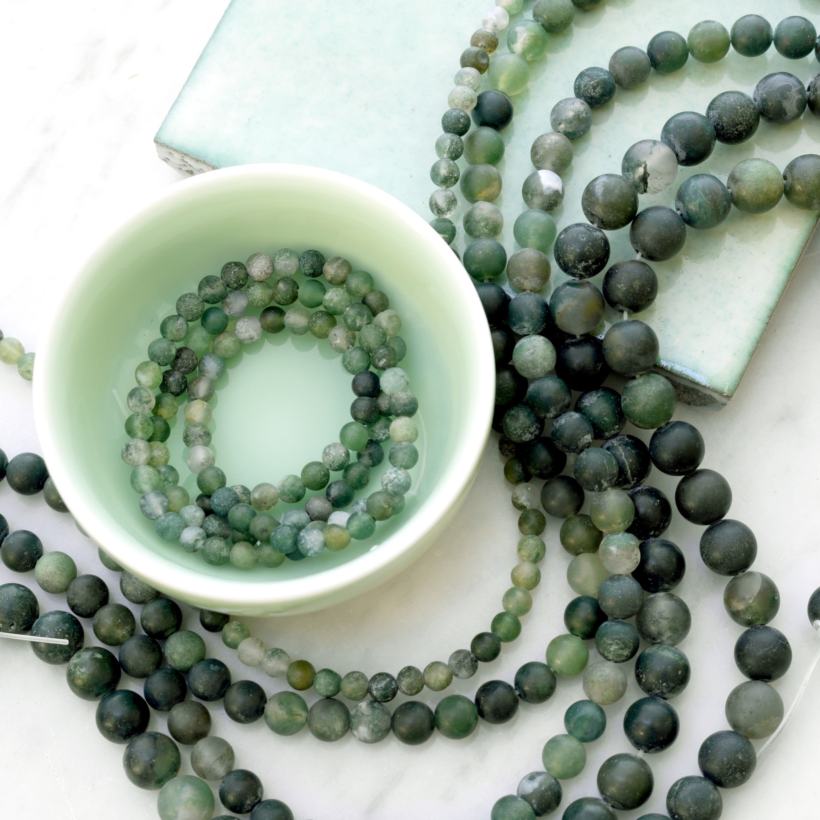 Green Moss Frosted Agate Round Beads