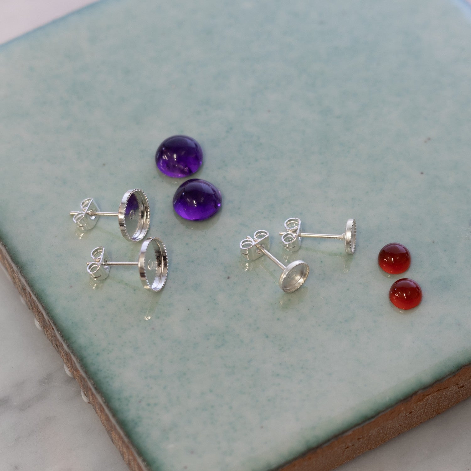 Silver Plated Milled Edge Earstud Settings For Cabochon Stones Pair