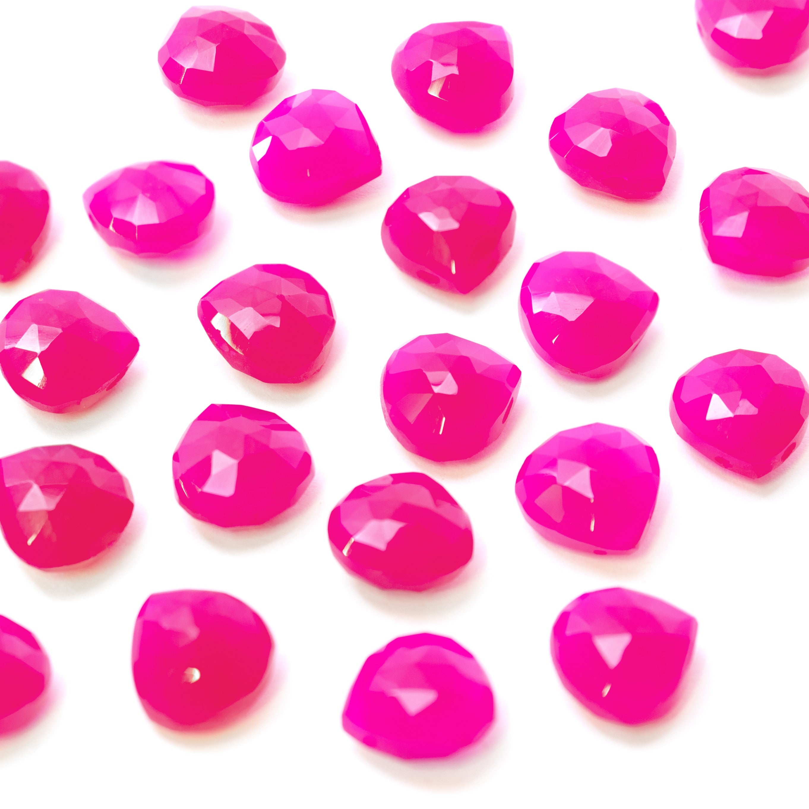 Fuchsia Pink Chalcedony Faceted Heart Shaped Briolette Beads Approx 10mm
