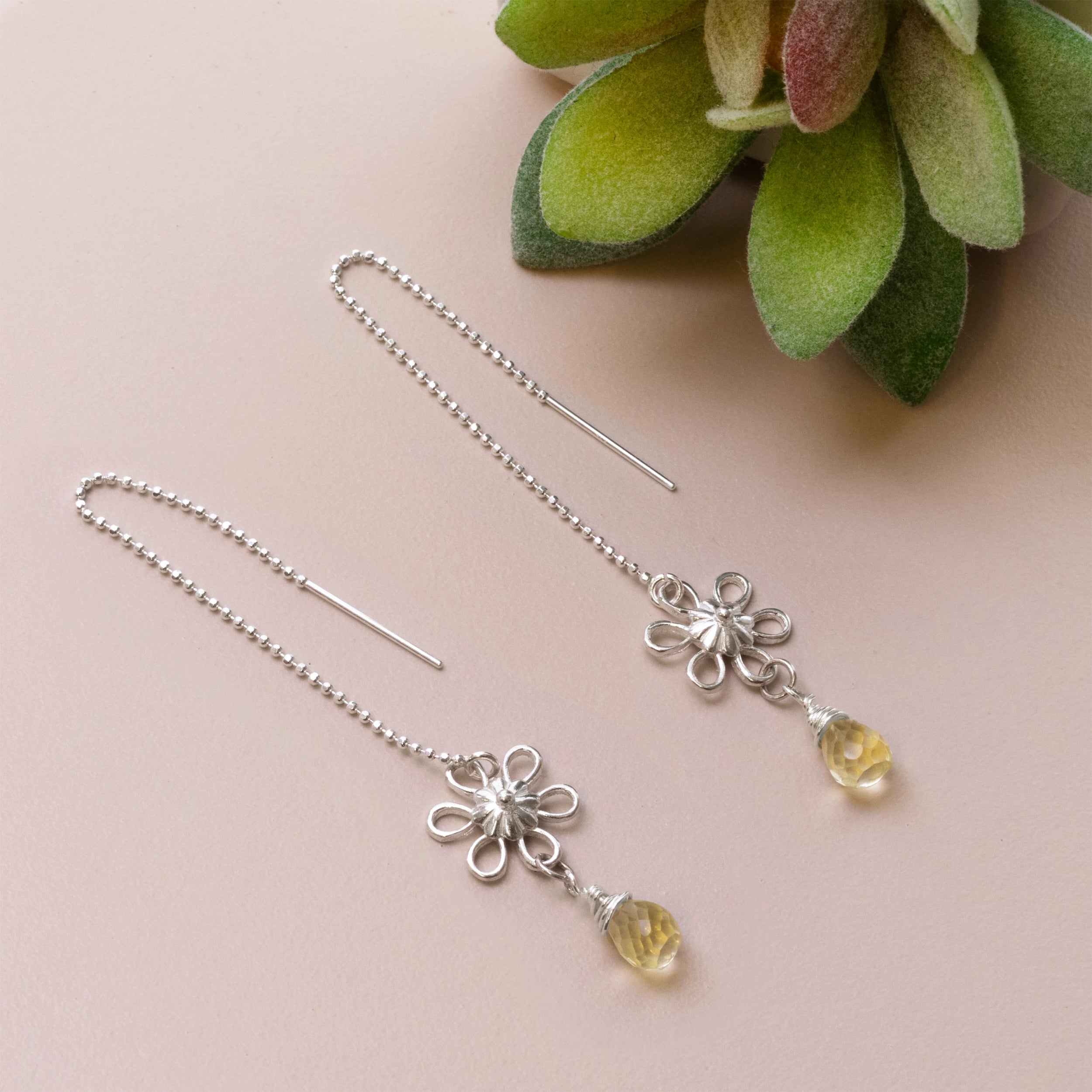 Spring Flower And Lemon Quartz Threader Earrings