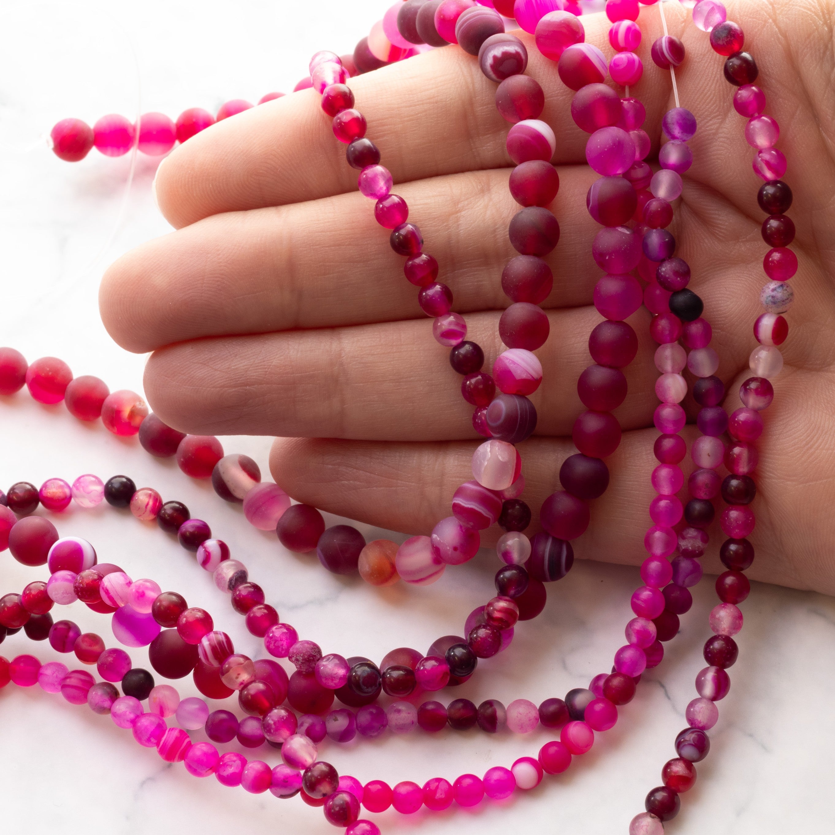 Pink Frosted Banded Agate Round Beads