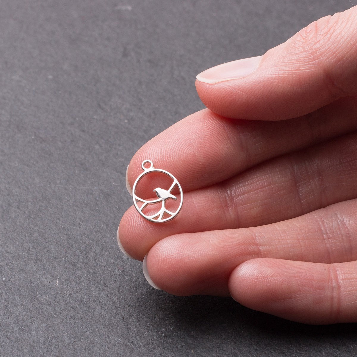 Sterling Silver Oval Nightingale Bird Pendant Charm