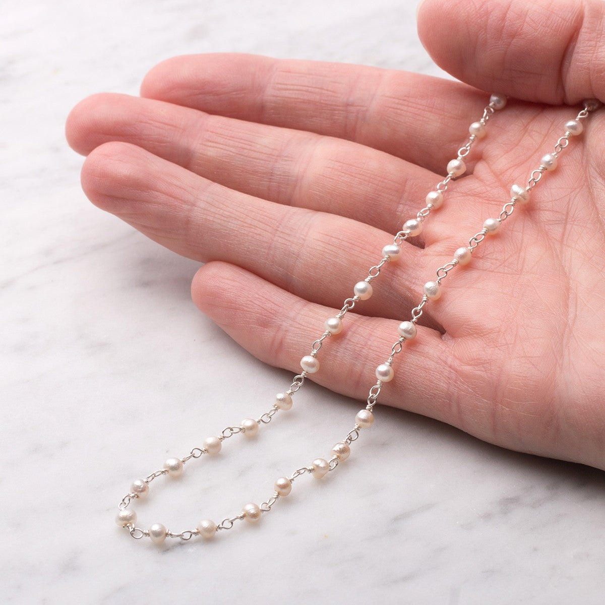 Silver Plated Pearl Wire Wrapped Rosary Bead Chain