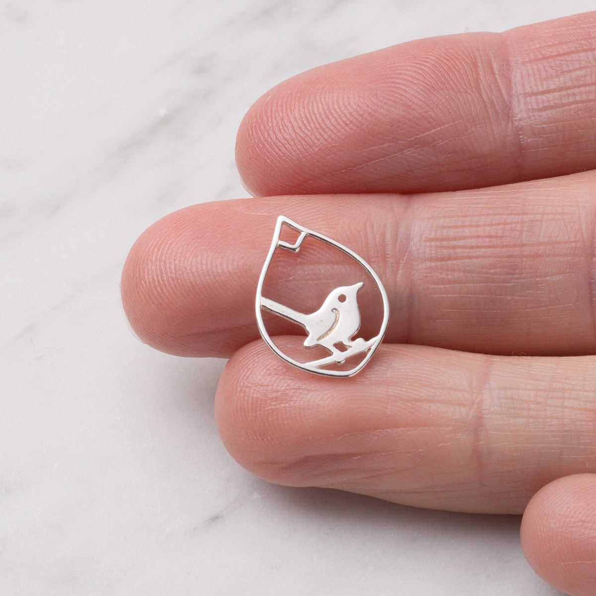 Sterling Silver Teardrop Jenny Wren Pendant Charm