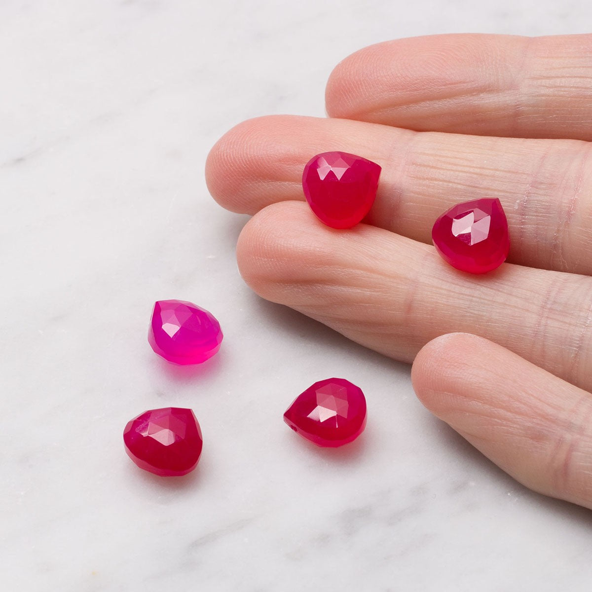 Fuchsia Pink Chalcedony Faceted Heart Shaped Briolette Beads Approx 10mm