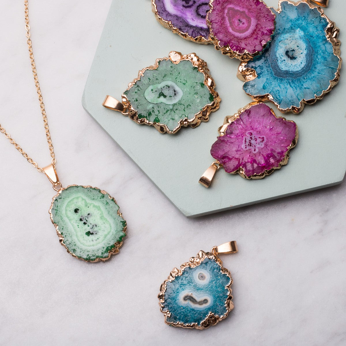 Ready To Wear Electroplated Freeform Drusy Agate Slice Pendants