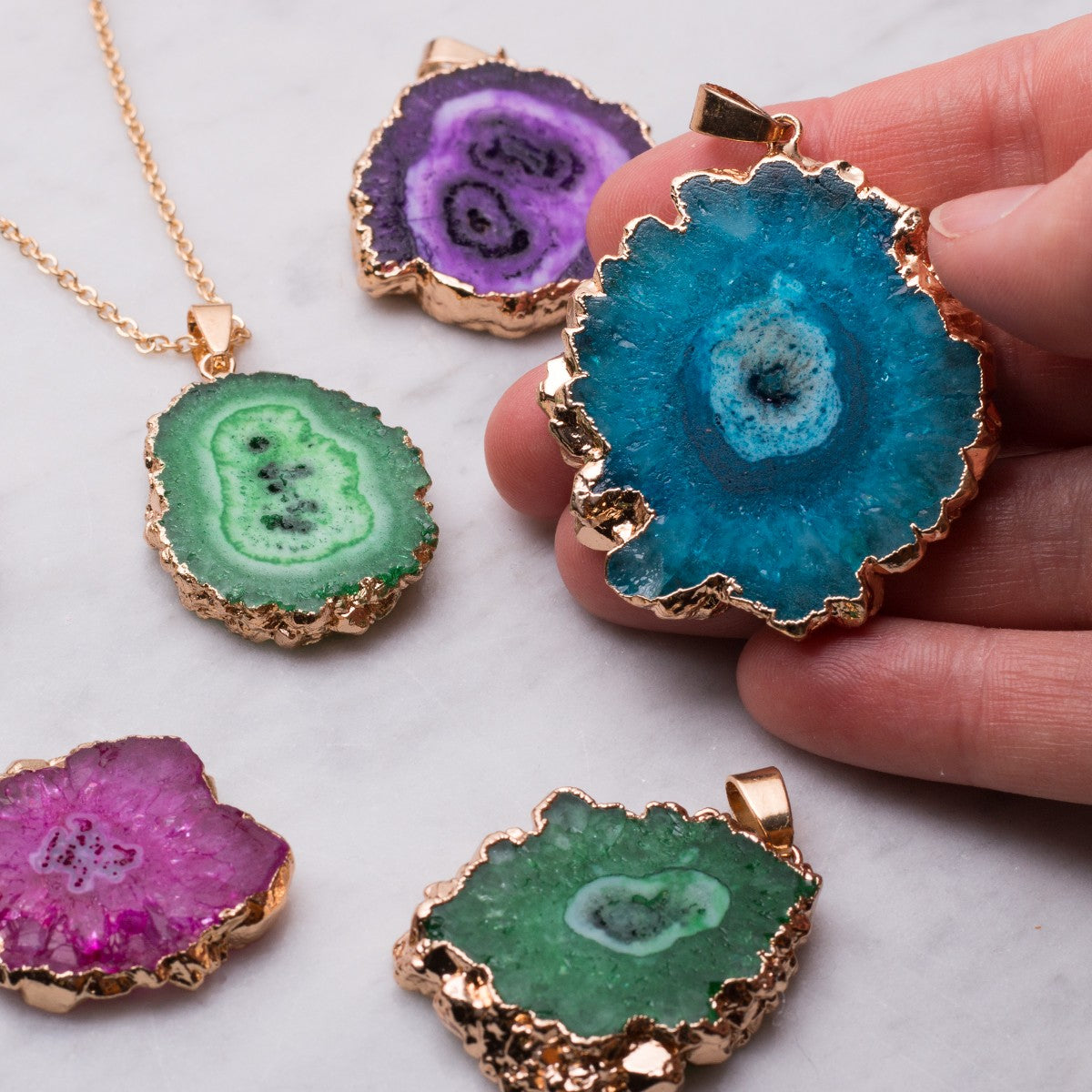 Ready To Wear Electroplated Freeform Drusy Agate Slice Pendants