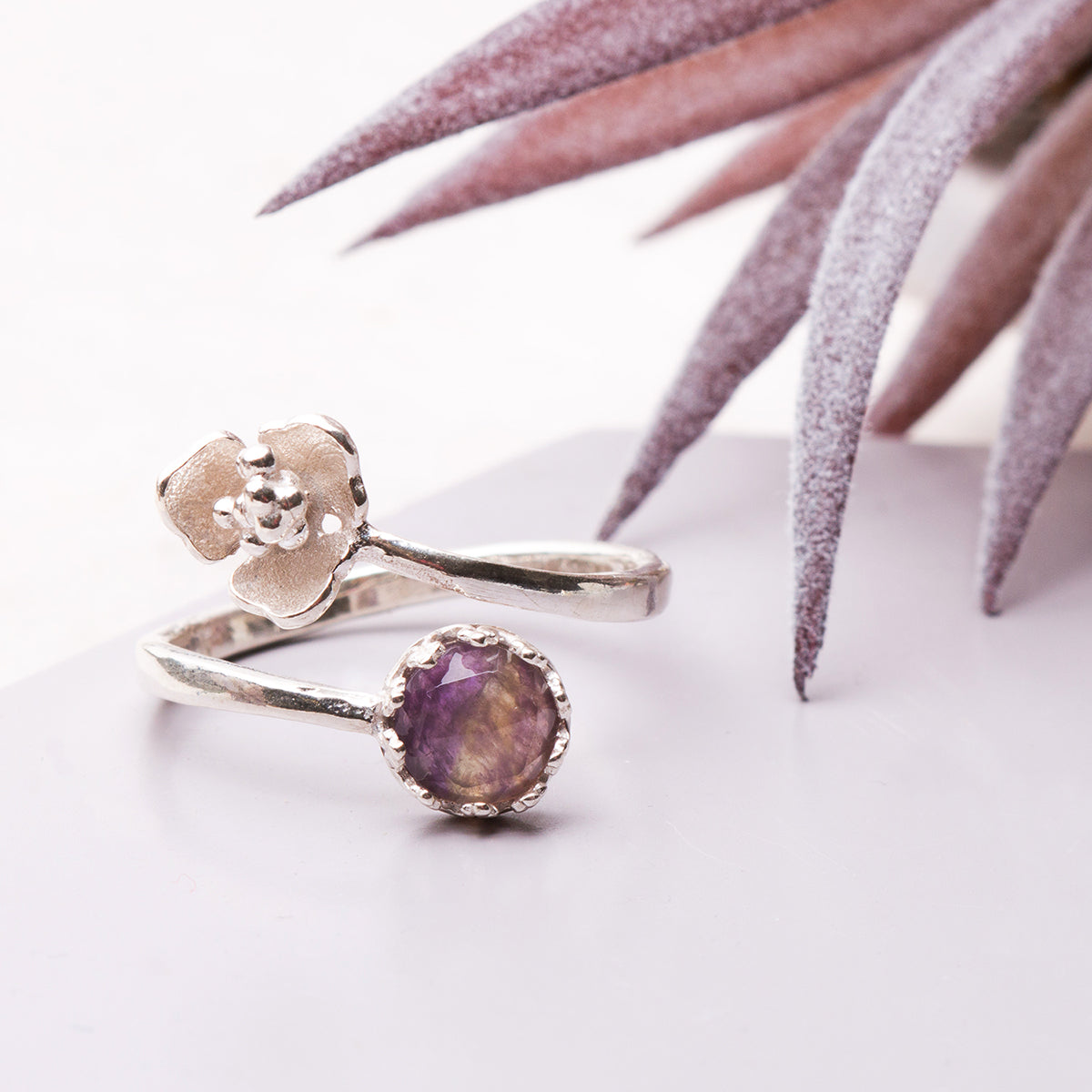 Sterling Silver Adjustable Gallery Flower Ring For 6mm Round Cabochon