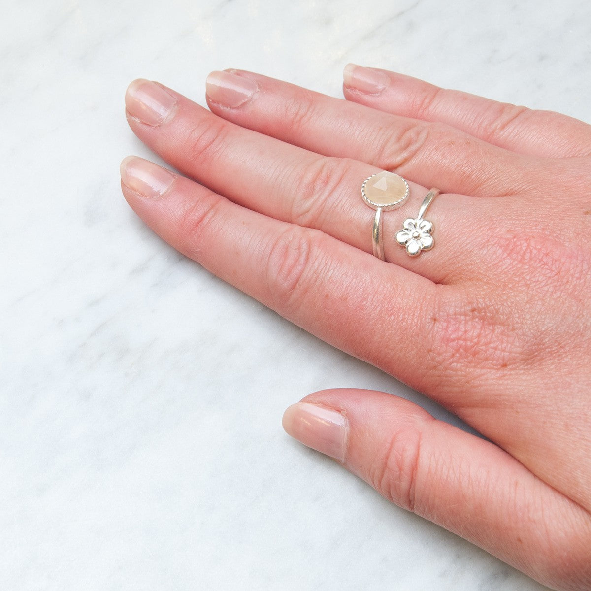 Sterling Silver Adjustable Milled Edge Flower Ring For 8mm Round Cabochon