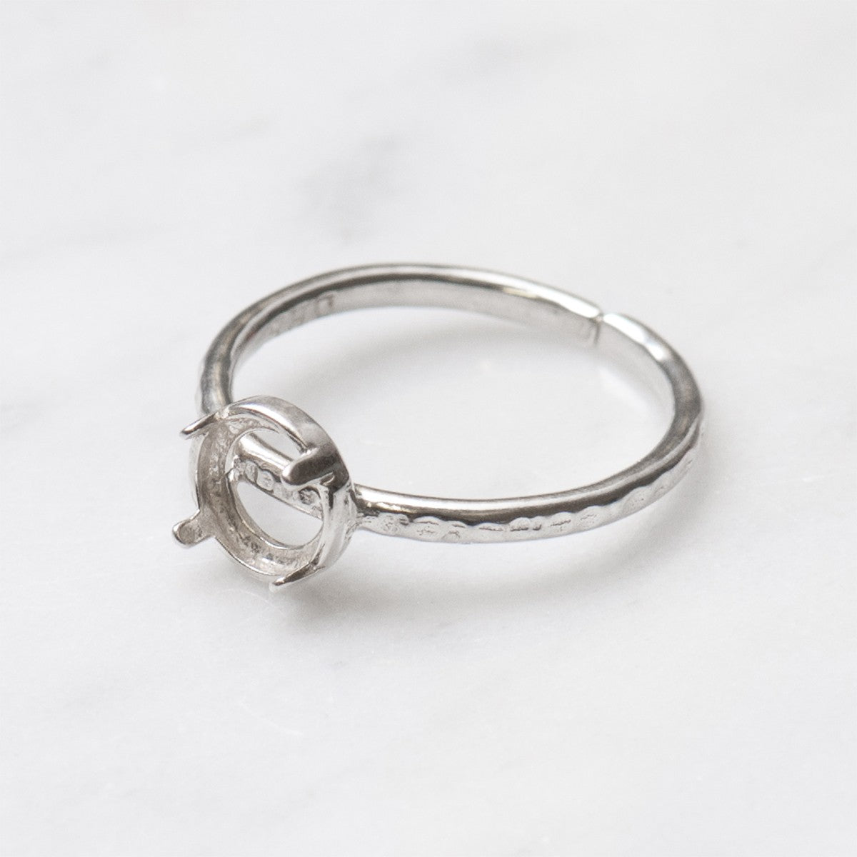 Sterling Silver Adjustable Textured Ring With Decorative Claw For 6mm Round Cabochon