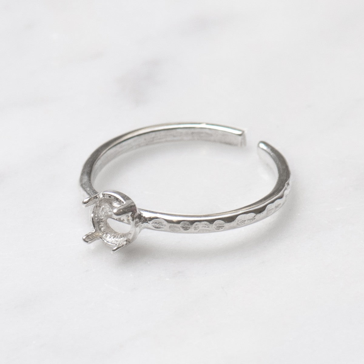 Sterling Silver Adjustable Textured Ring With Decorative Claw For 4mm Round Cabochon