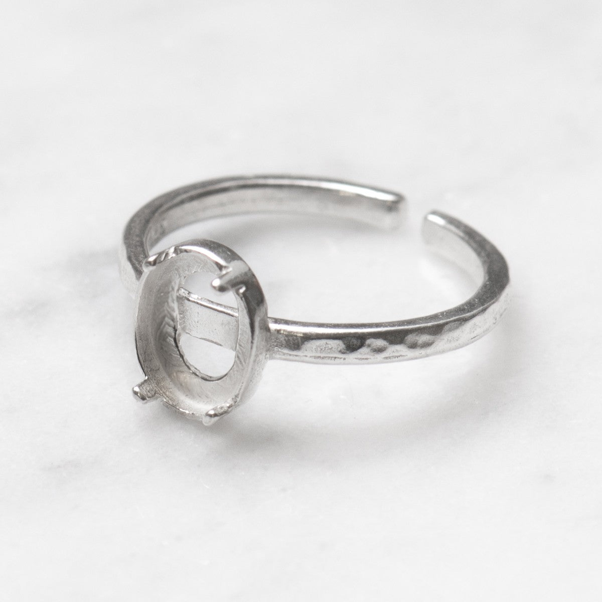 Sterling Silver Adjustable Textured Ring With Decorative Claw For 8x6mm Oval Cabochon