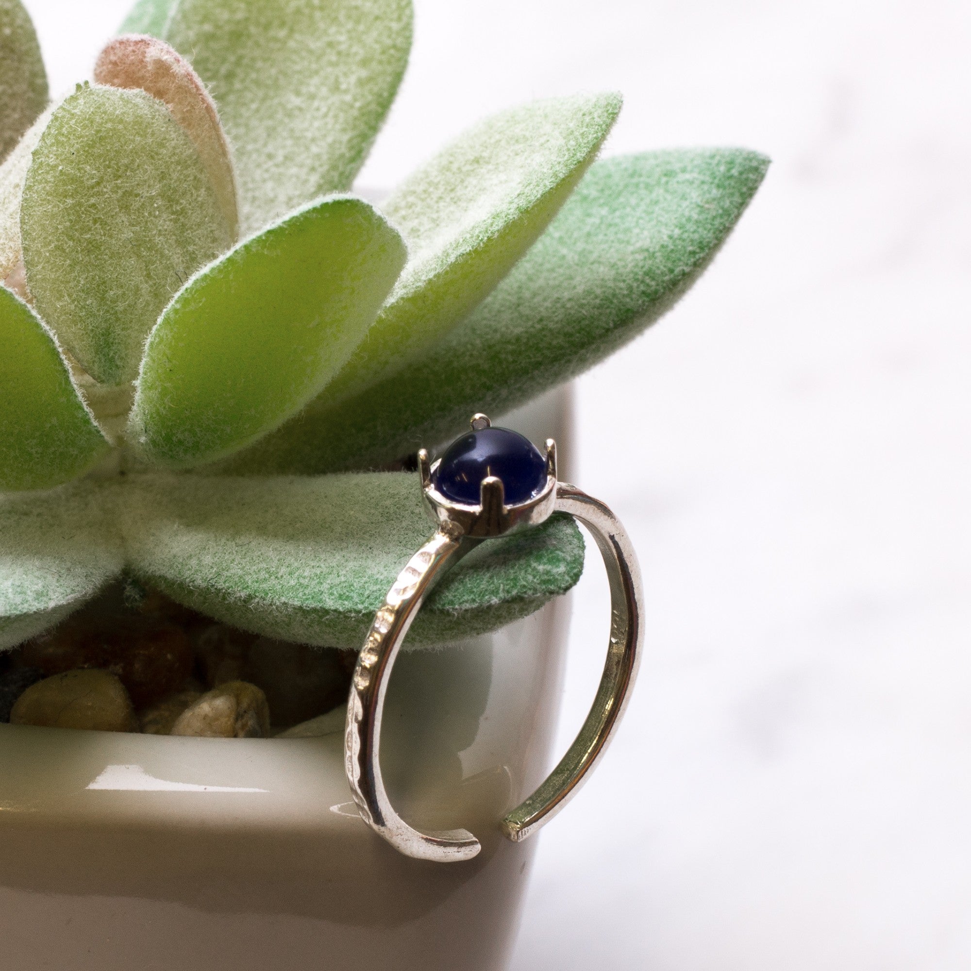 Sterling Silver Adjustable Textured Ring With Decorative Claw For 5mm Round Cabochon