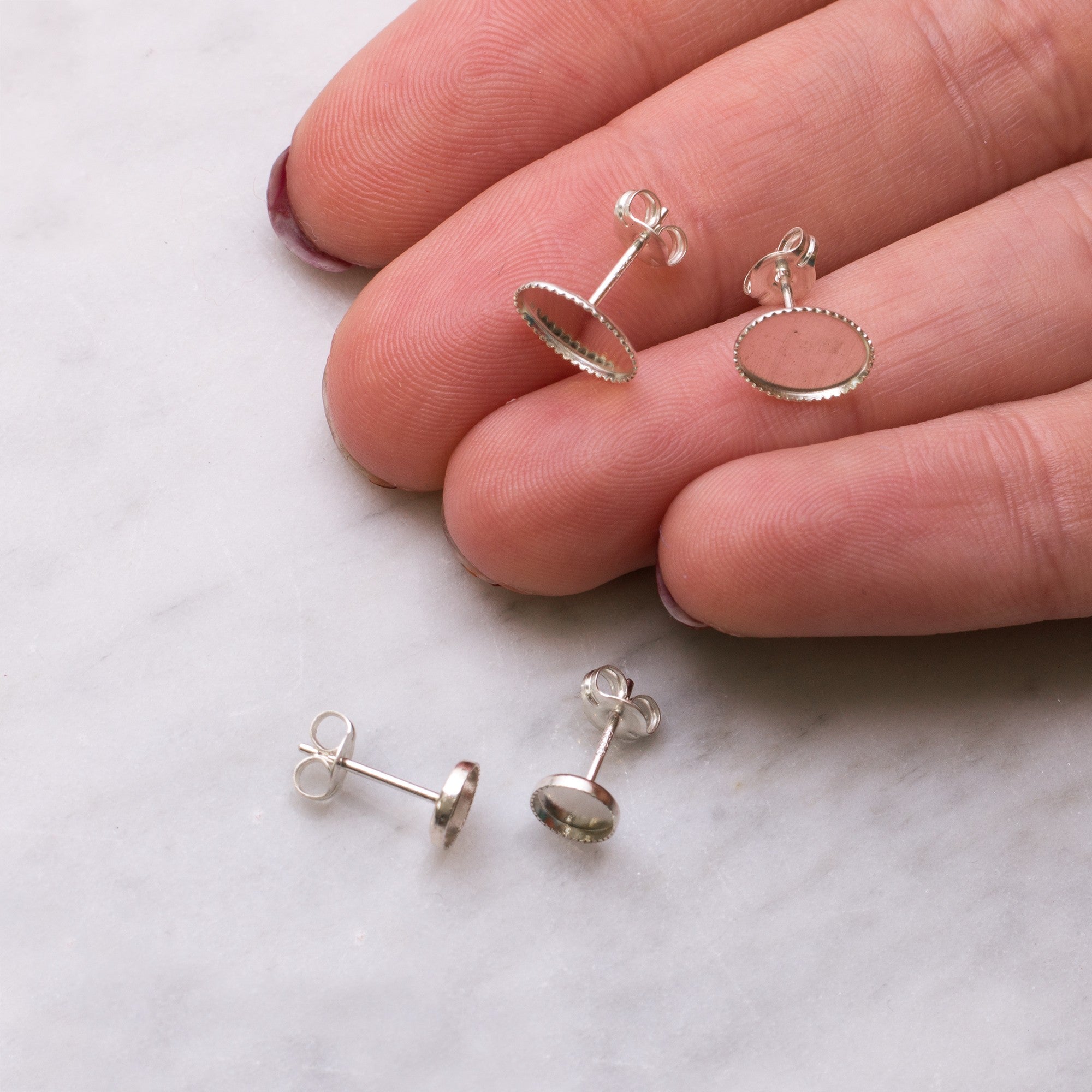 Sterling Silver Milled Edge Earstud Settings For Cabochon Stones Pair