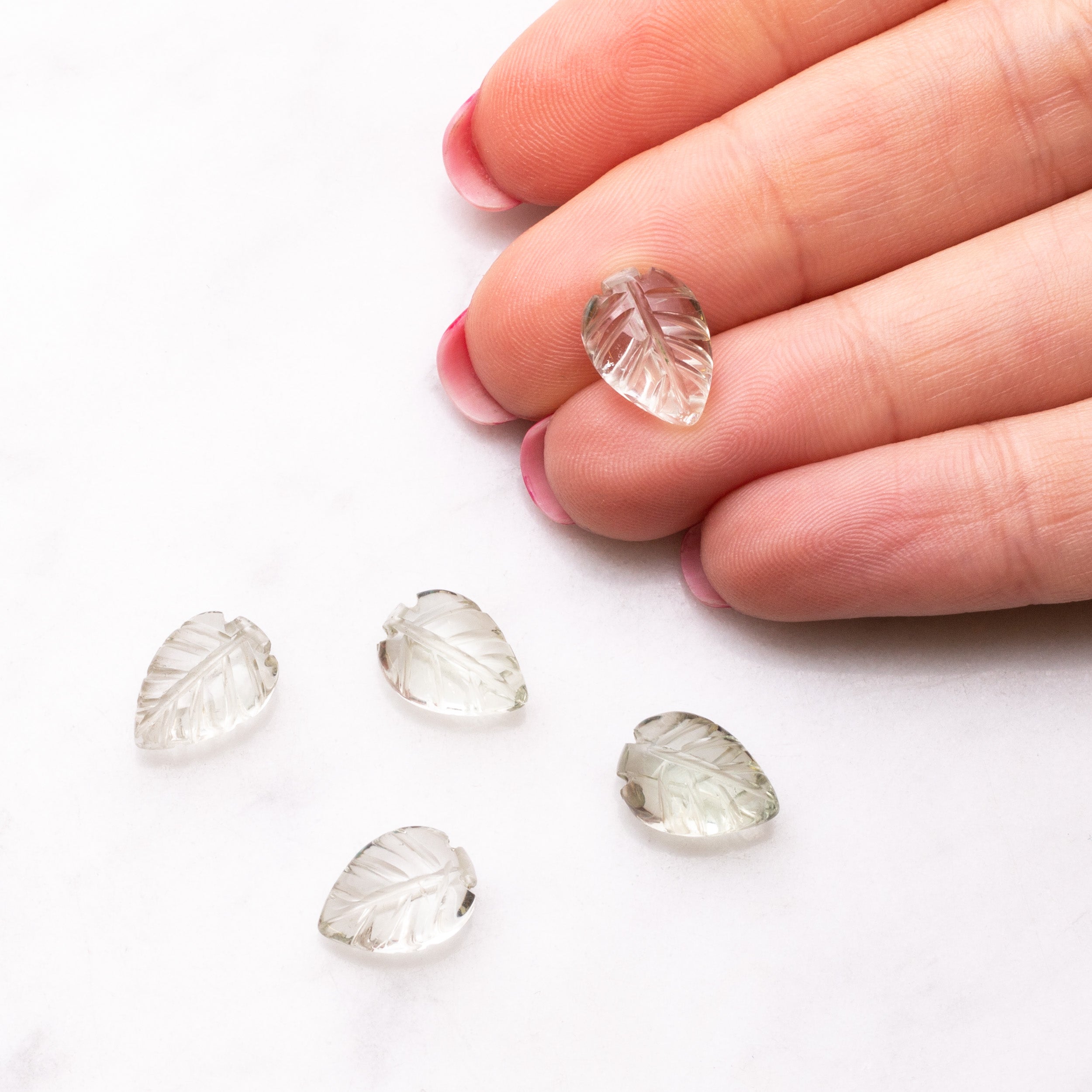 Green Amethyst Carved Leaf Beads Approx 12x8mm