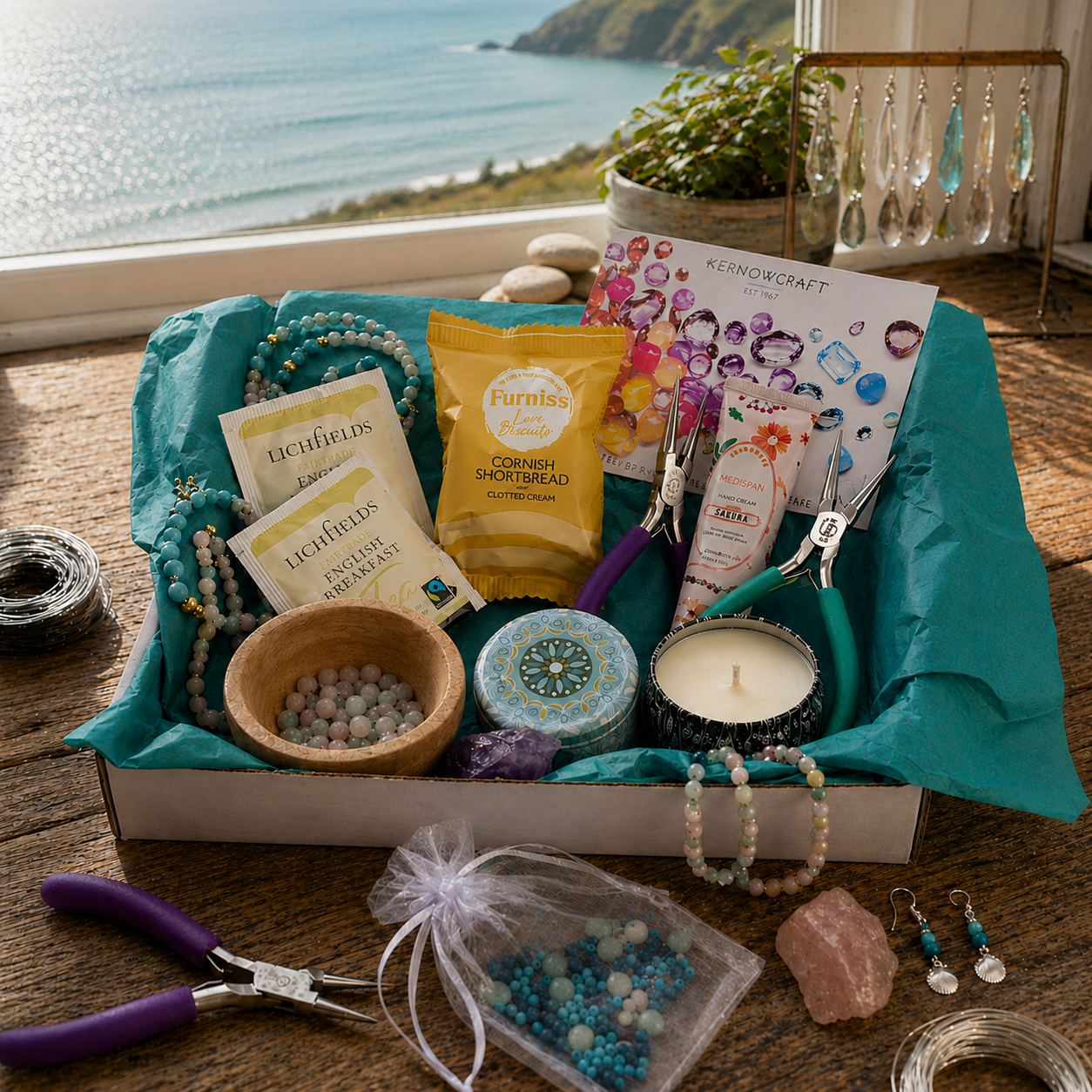 Craft kit with jewellery-making supplies on a wooden surface by a window with a view of the ocean.