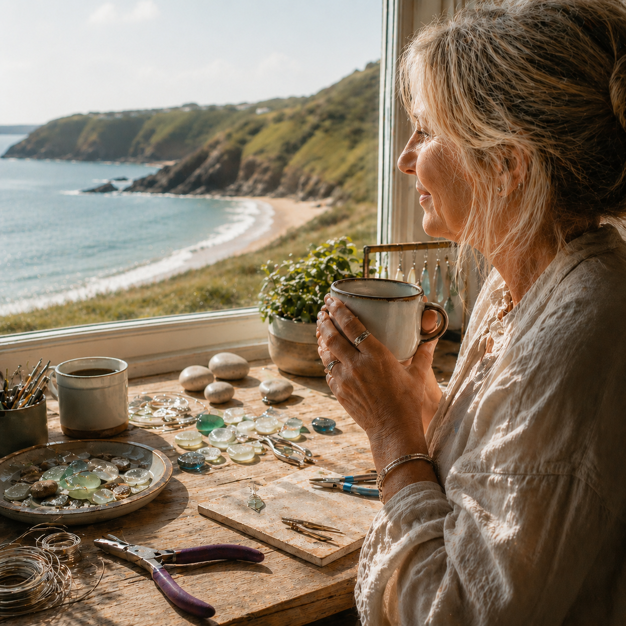 Woman holding a mug by a window with a scenic view of a Cornish beach and jewellery making items on a bench