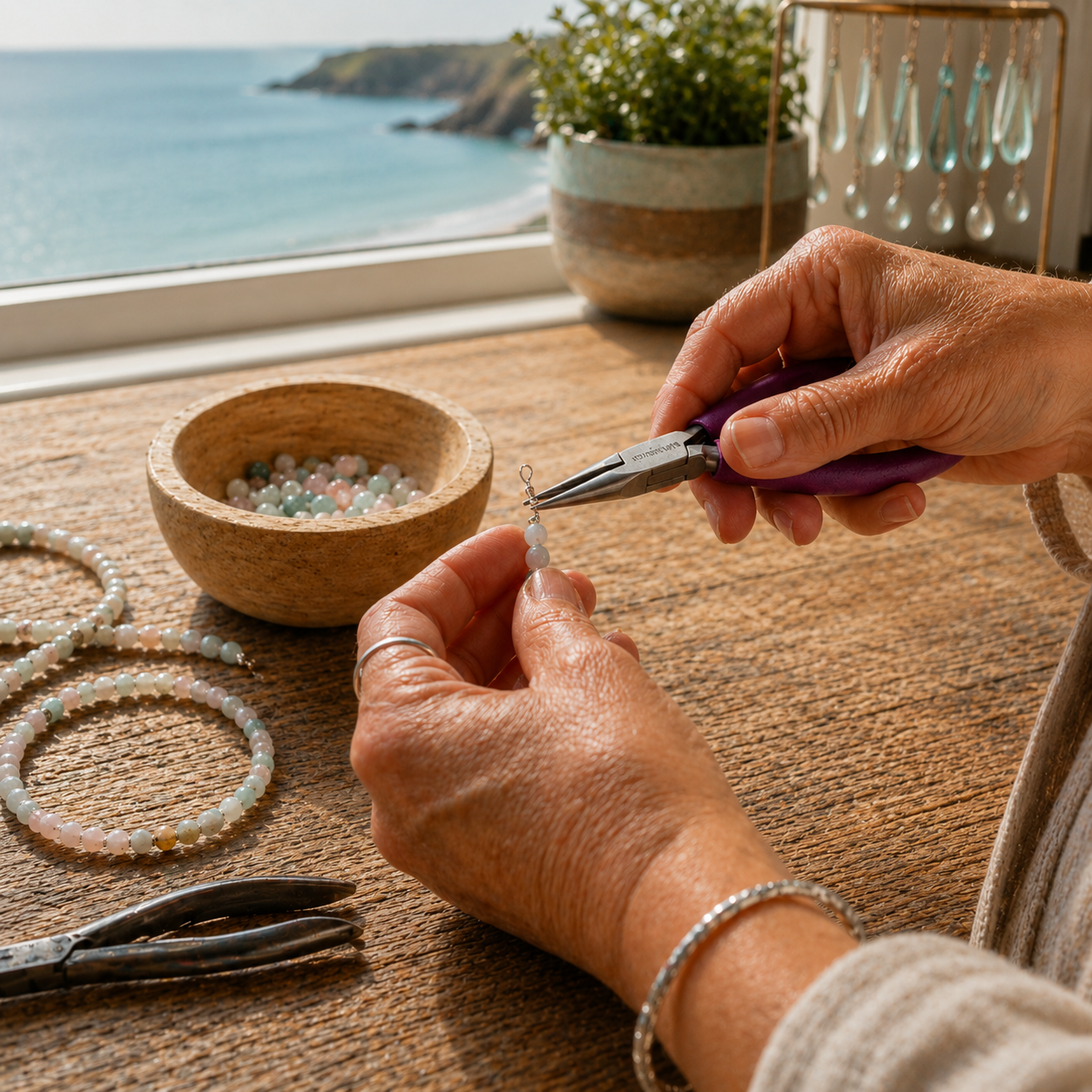 Person crafting jewellery with beads and tools on a wooden surface by a window with a view of the Cornish sea.