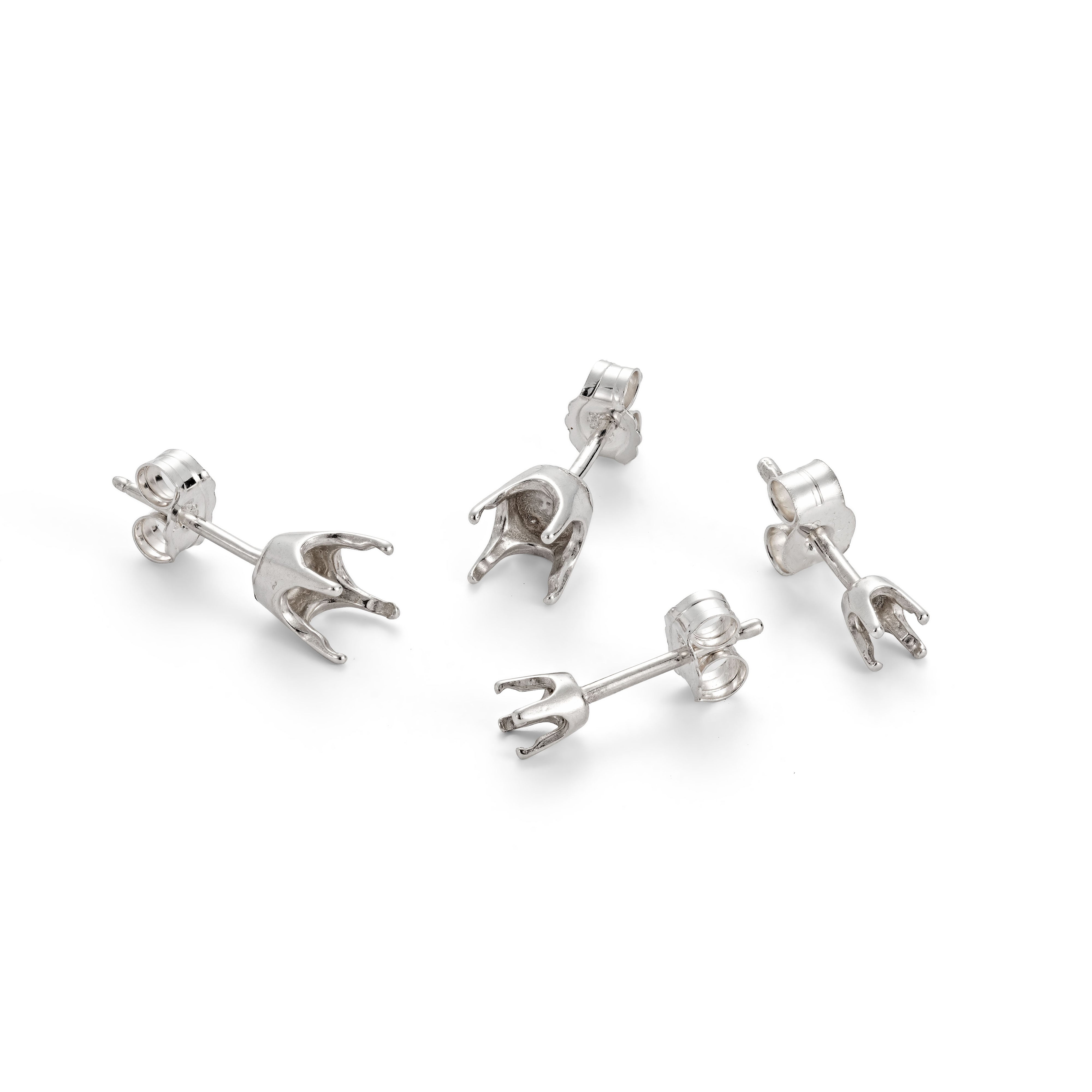 Sterling Silver 4 Prong Pre-Notched Earstud Settings For Faceted Stones