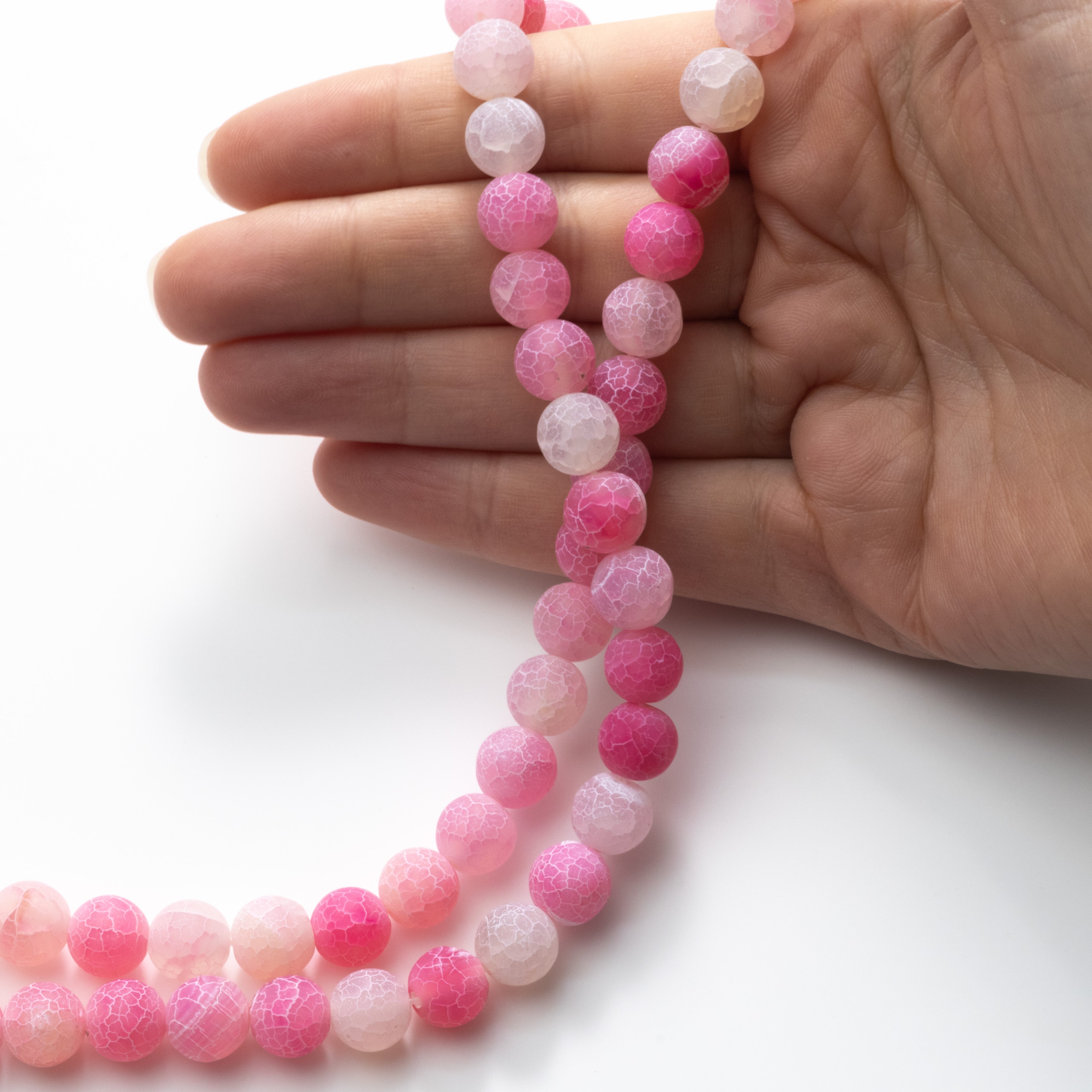 Fuchsia Pink Frosted Cracked Agate Round Beads