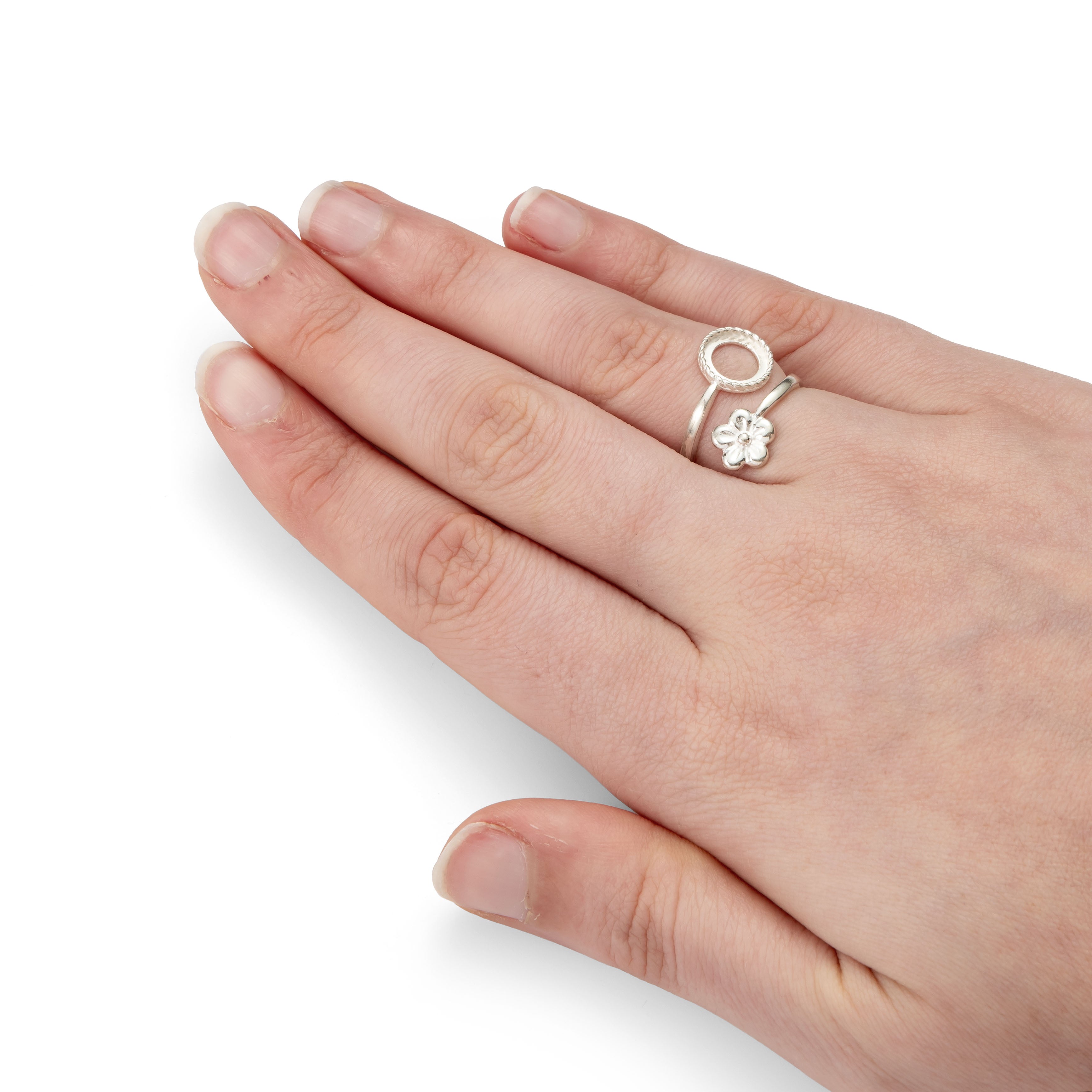 Sterling Silver Adjustable Milled Edge Flower Ring For 8mm Round Cabochon