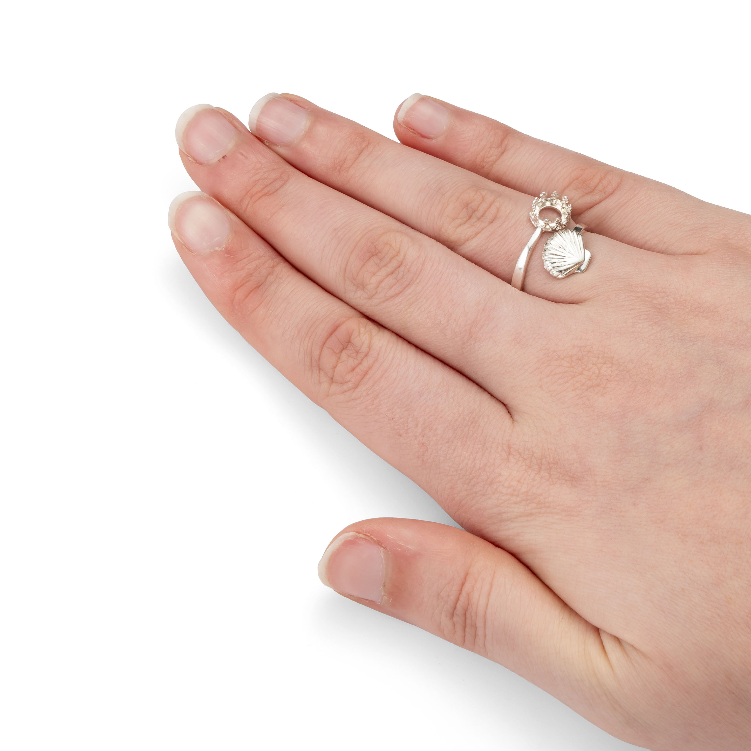Sterling Silver Adjustable Gallery Wire Shell Ring For 6mm Round Cabochon