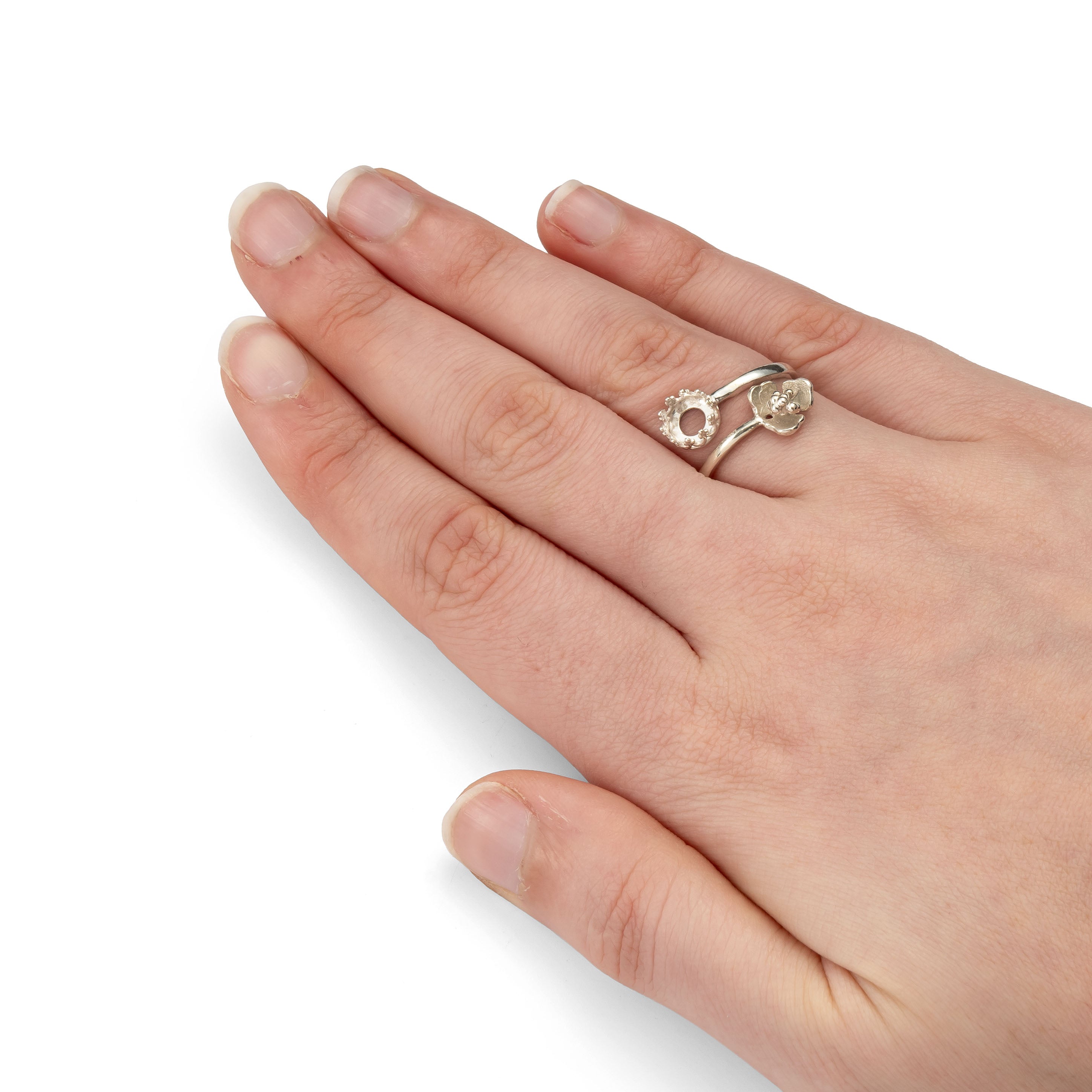 Sterling Silver Adjustable Gallery Flower Ring For 6mm Round Cabochon