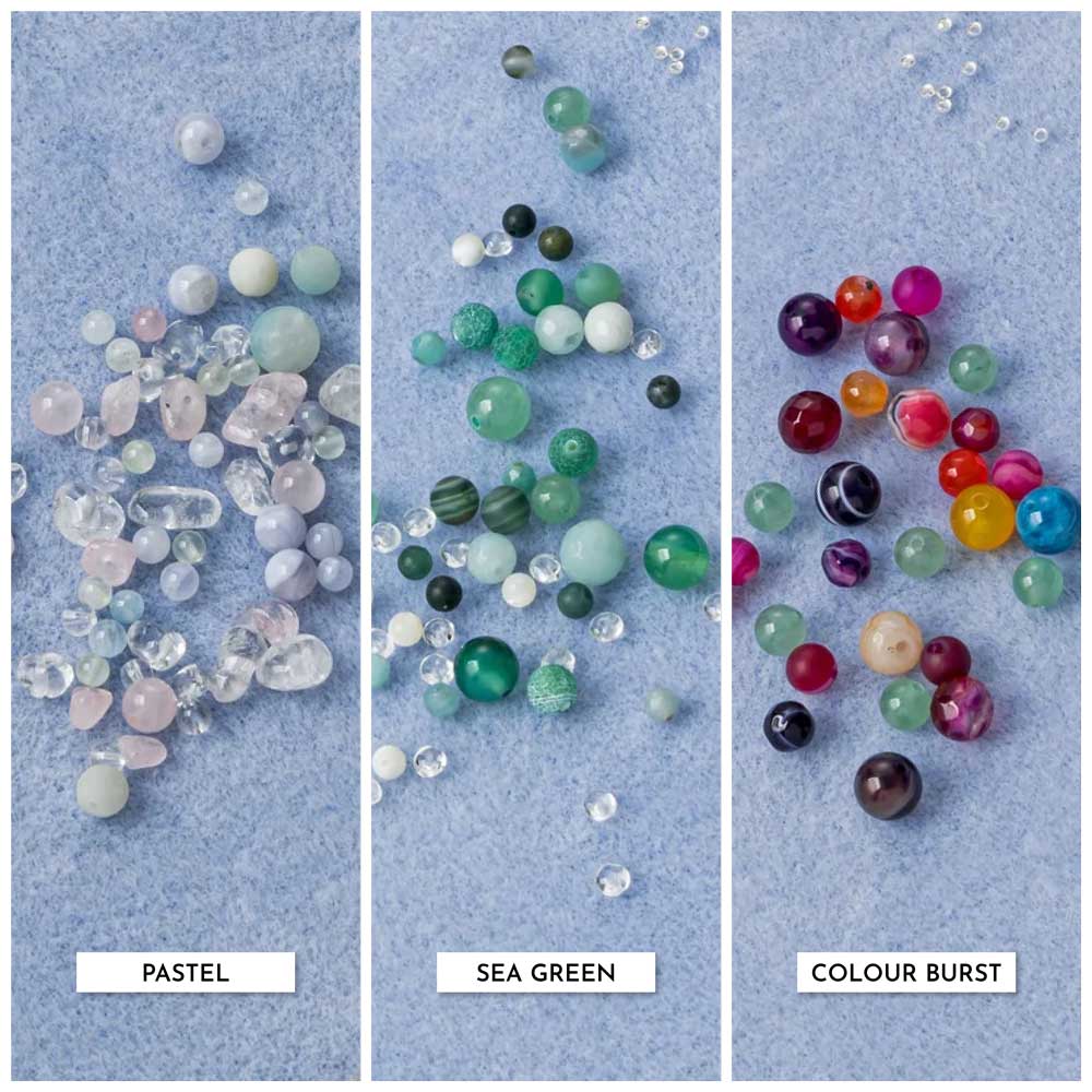 Beginner beading jewellery making kit in three different colour ways - pastel, sea green and colour blast