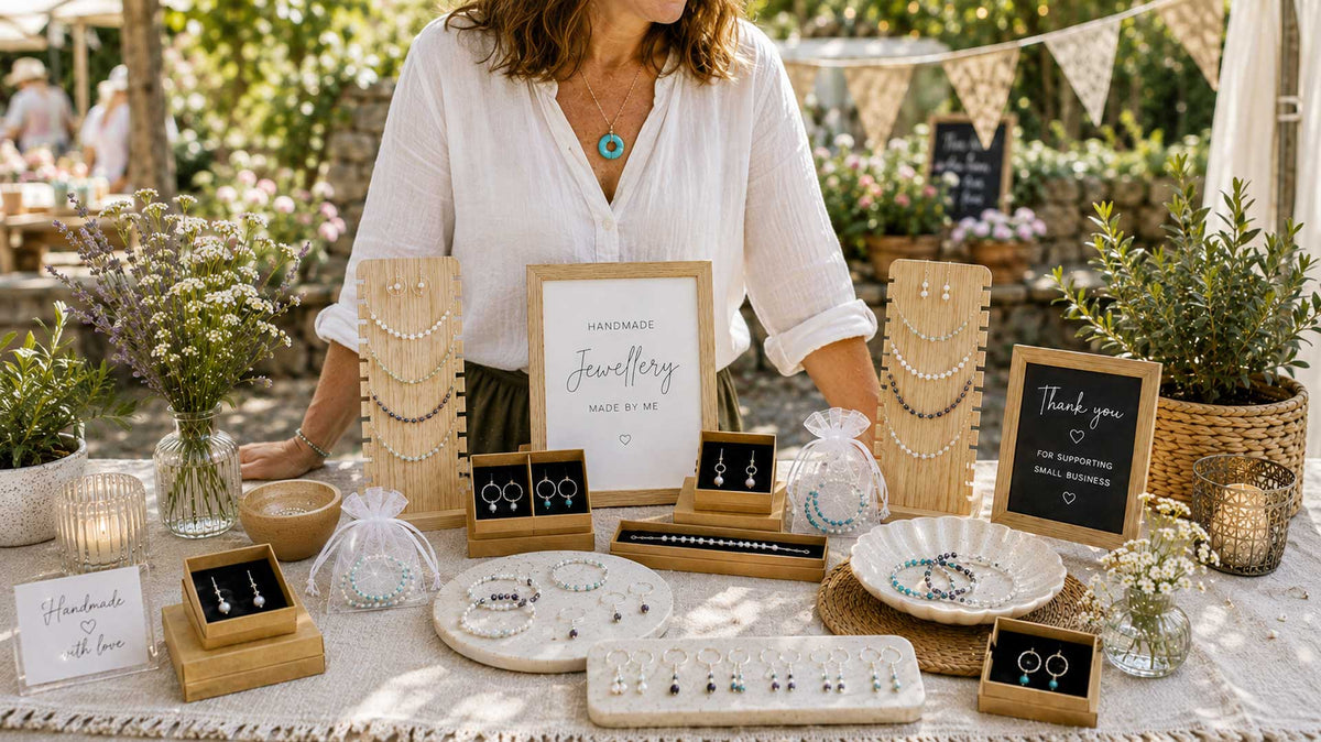 Jewellery maker selling handmade jewellery at a craft market with necklaces, bracelets and earrings on display