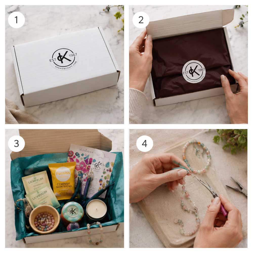 Step-by-step jewellery making subscription box journey showing the sealed box, unboxing, contents and creating handmade jewellery.