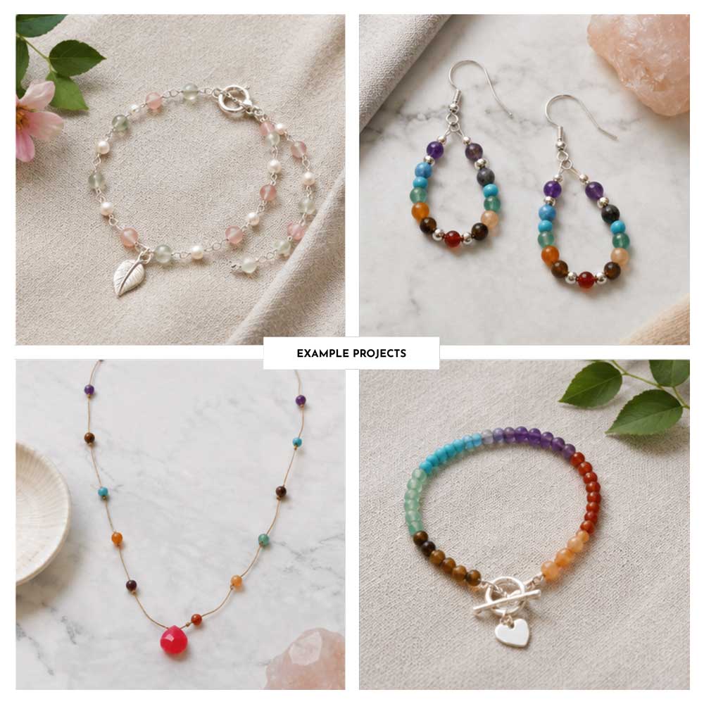 Example jewellery projects made from the Kernowcraft jewellery making subscription box, including handmade necklaces, bracelets and earrings.