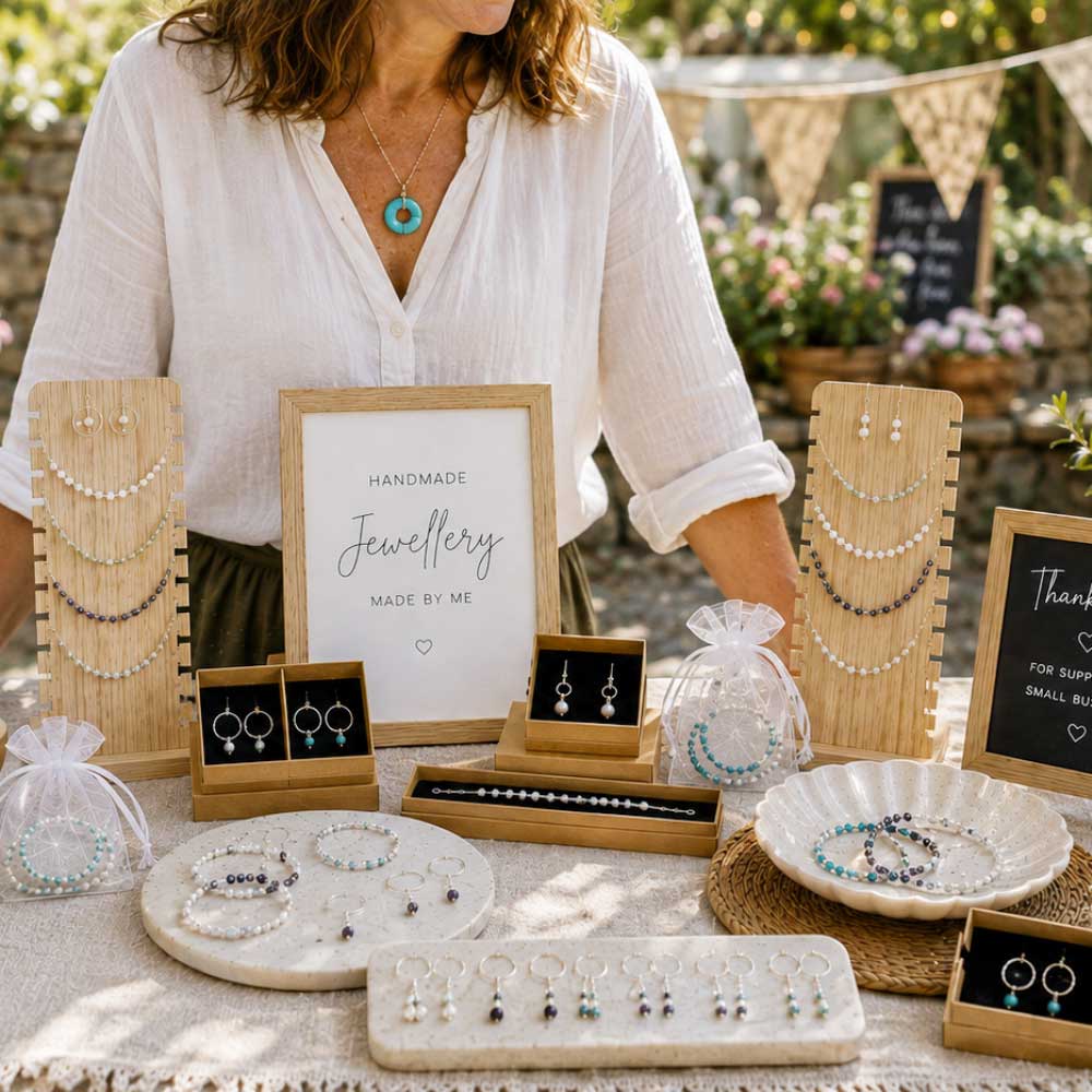 Jewellery maker selling handmade necklaces, bracelets and earrings at an outdoor craft stall