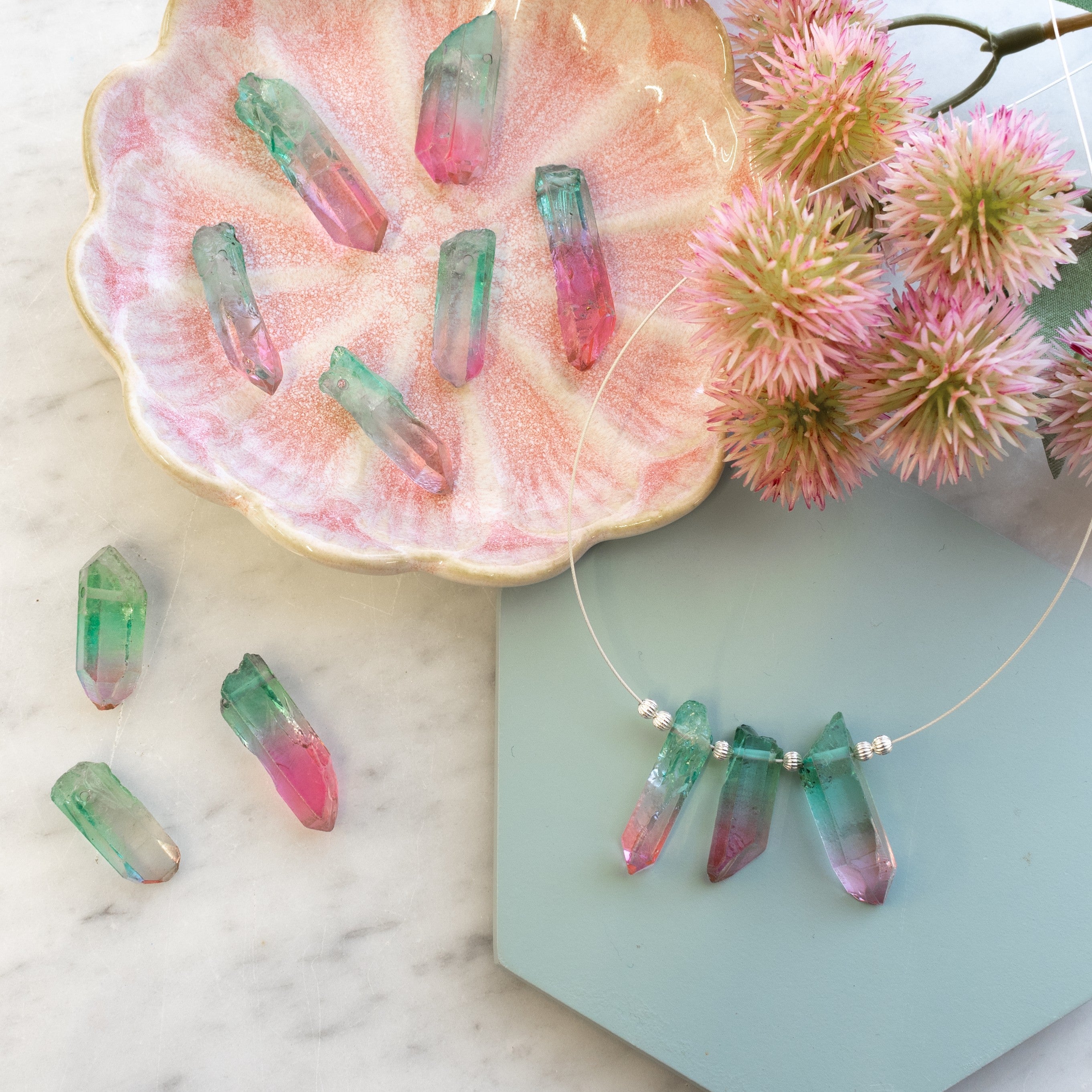 Mystic Watermelon Quartz Crystal Point Beads pk10