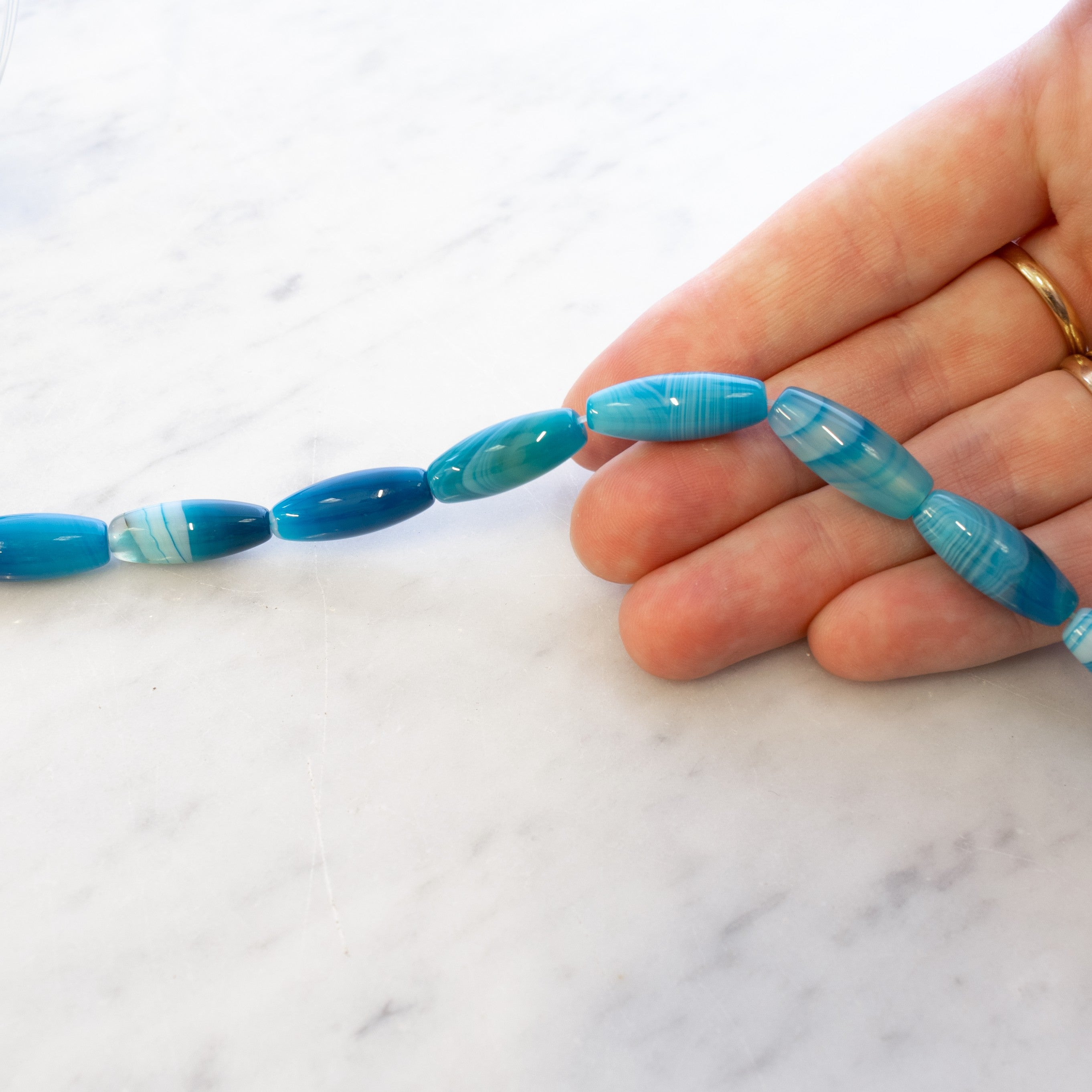 Blue Striped Agate Rice Beads Approx 20x8mm