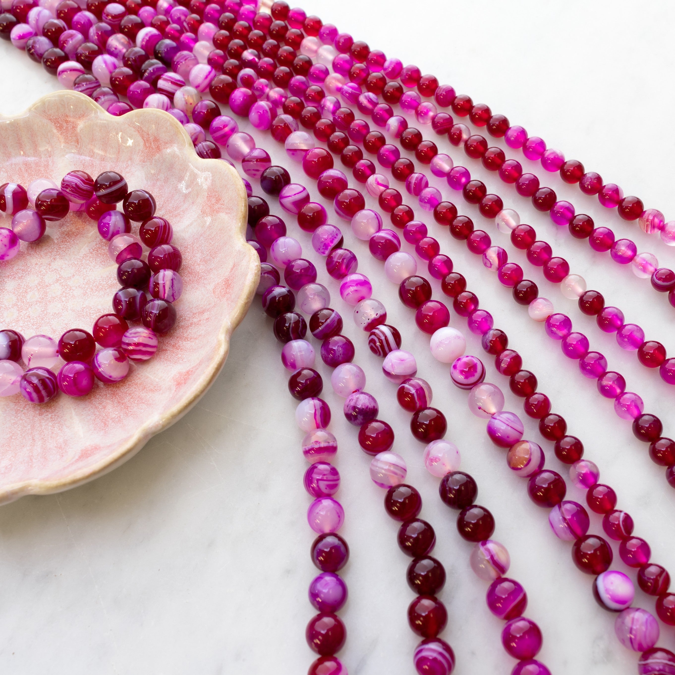 Fuchsia Pink Banded Agate Round Bead Strand