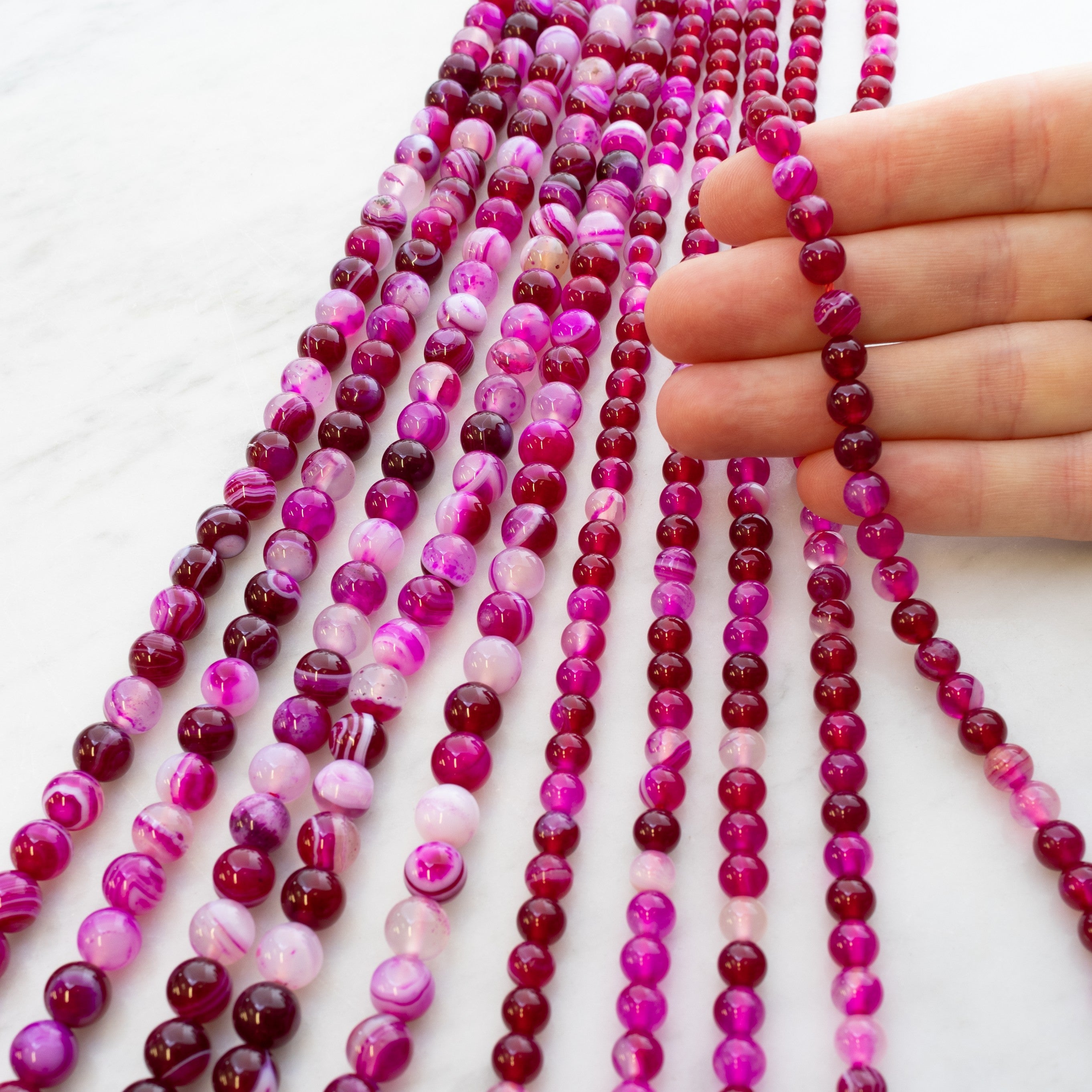 Fuchsia Pink Banded Agate Round Bead Strand