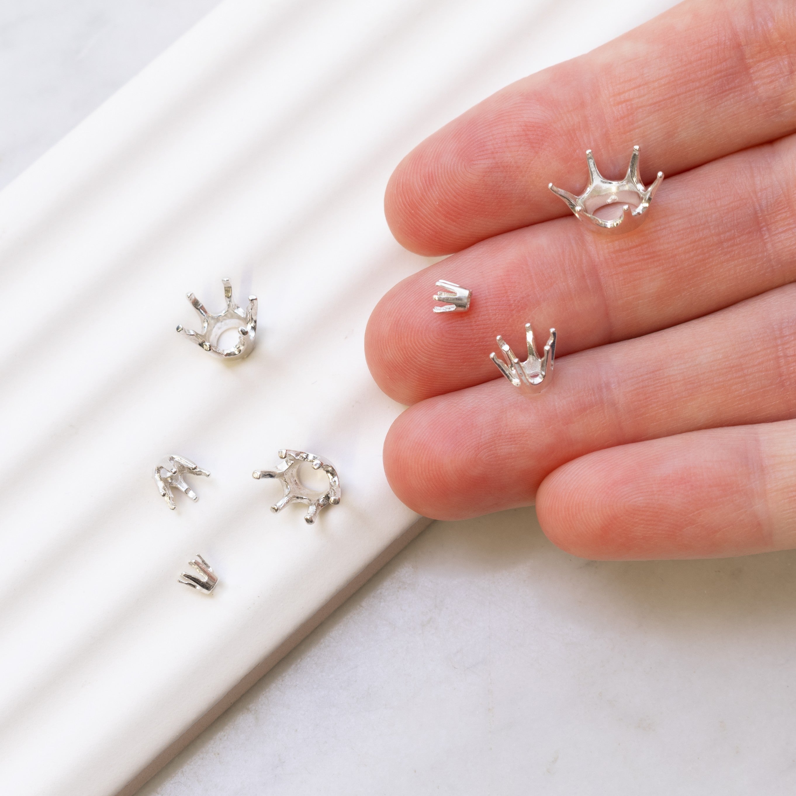 Sterling Silver Pre-Notched 6-Prong Crown Settings For Faceted Stones