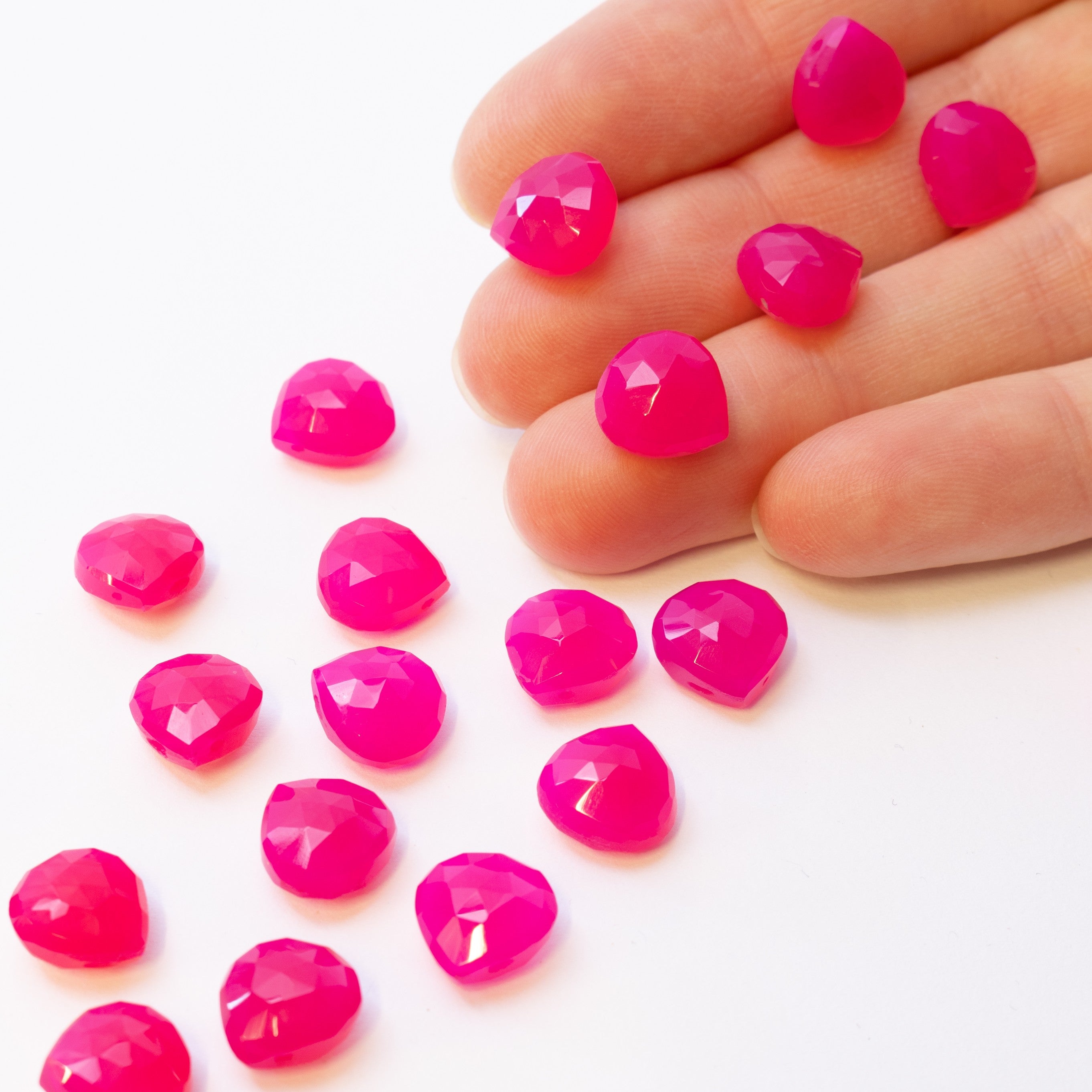 Fuchsia Pink Chalcedony Faceted Heart Shaped Briolette Beads Approx 10mm