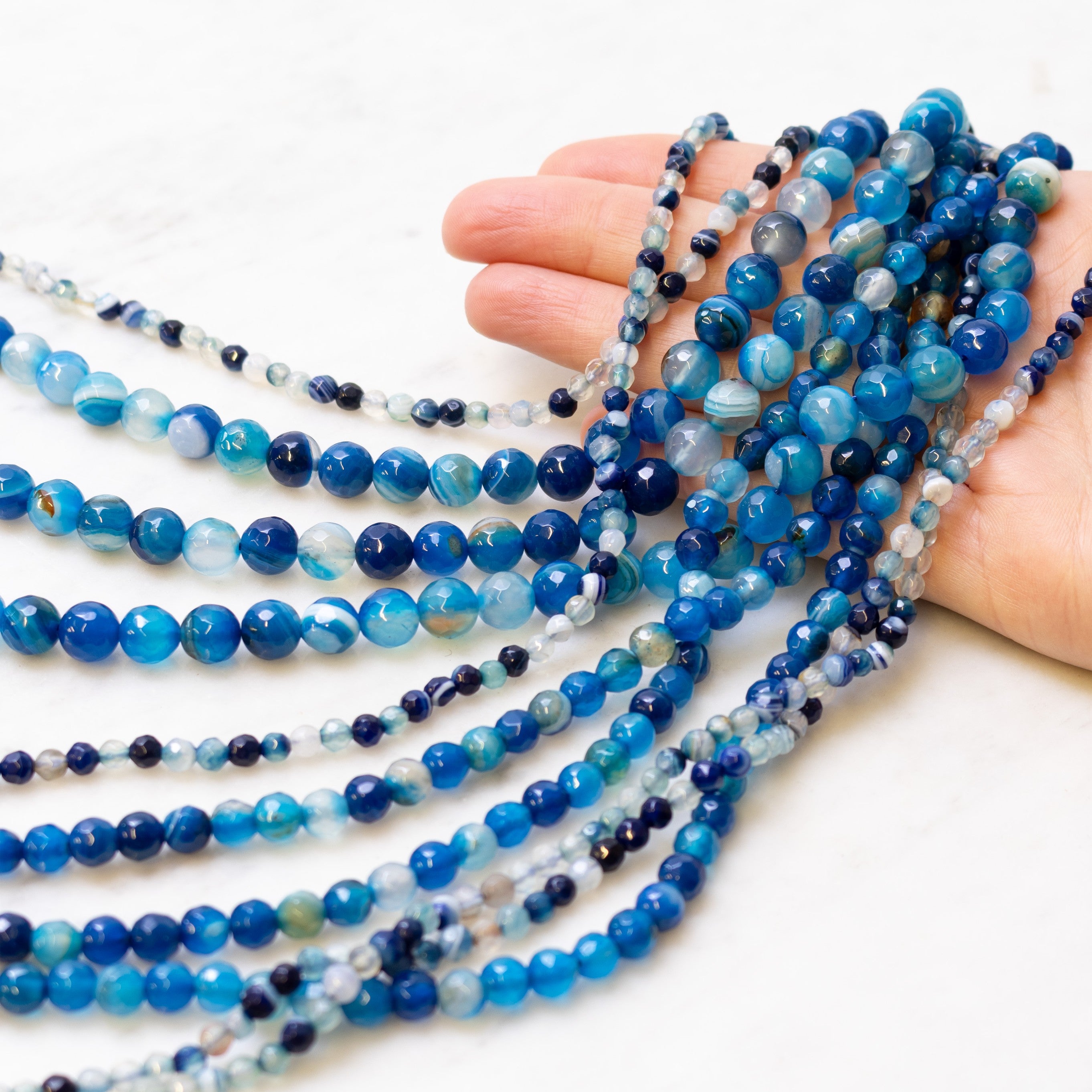 Blue Faceted Banded Agate Round Beads
