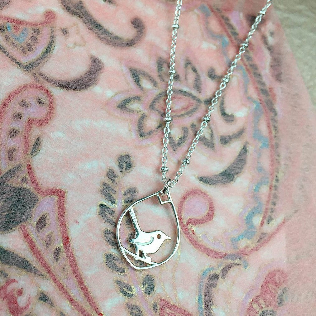 Sterling Silver Teardrop Jenny Wren Pendant Charm