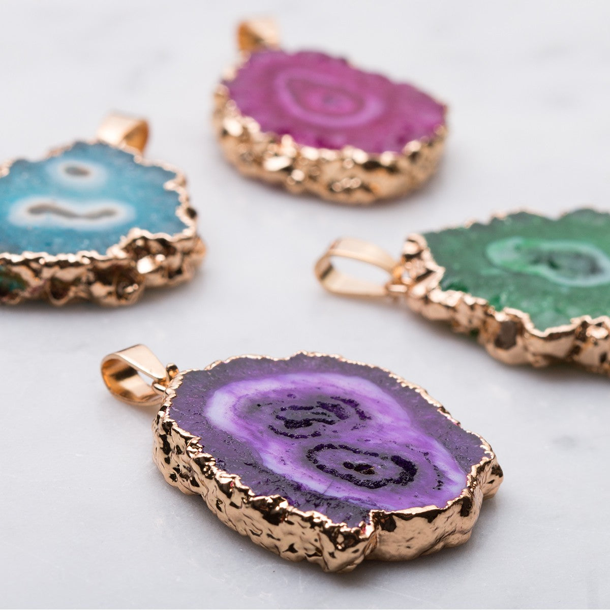 Ready To Wear Electroplated Freeform Drusy Agate Slice Pendants