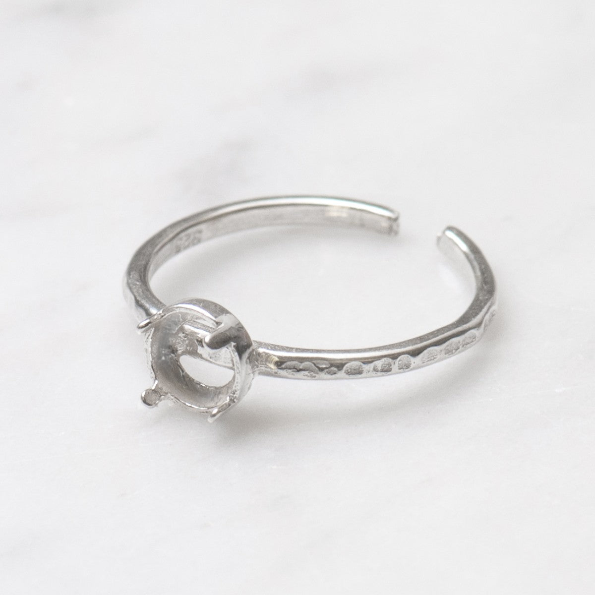 Sterling Silver Adjustable Textured Ring With Decorative Claw For 5mm Round Cabochon