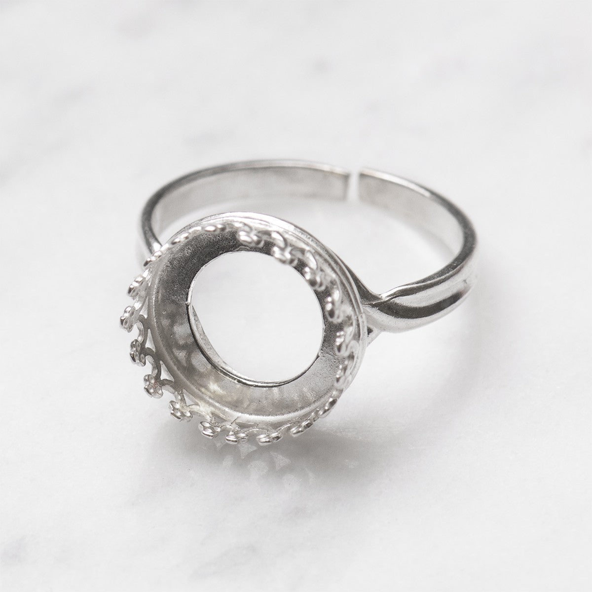 Sterling Silver Gallery Wire Adjustable Ring For 12mm Round Cabochon Stone