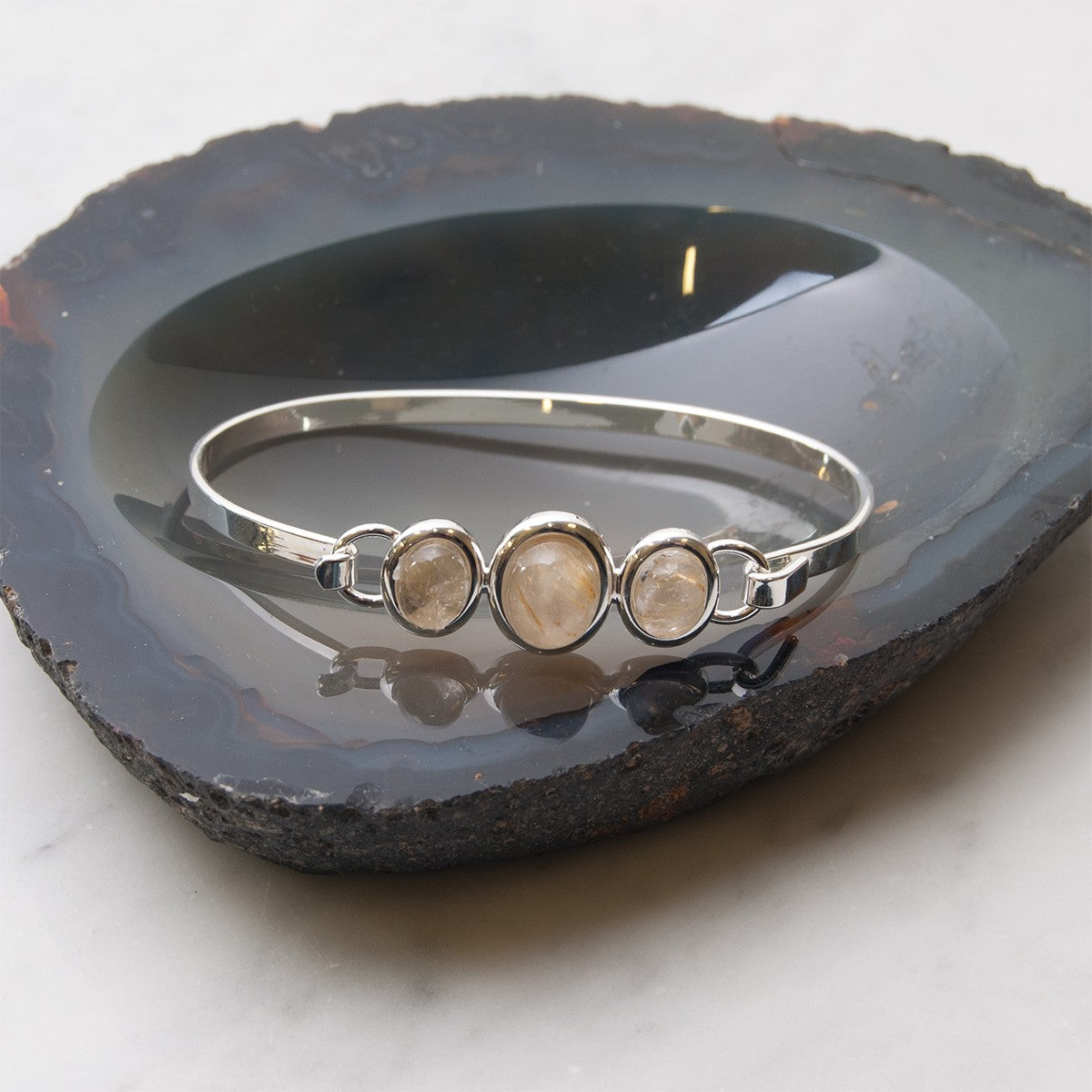 Silver Plated Bangle Setting For One 10x8mm And Two 8x6mm Oval Cabochon Stones