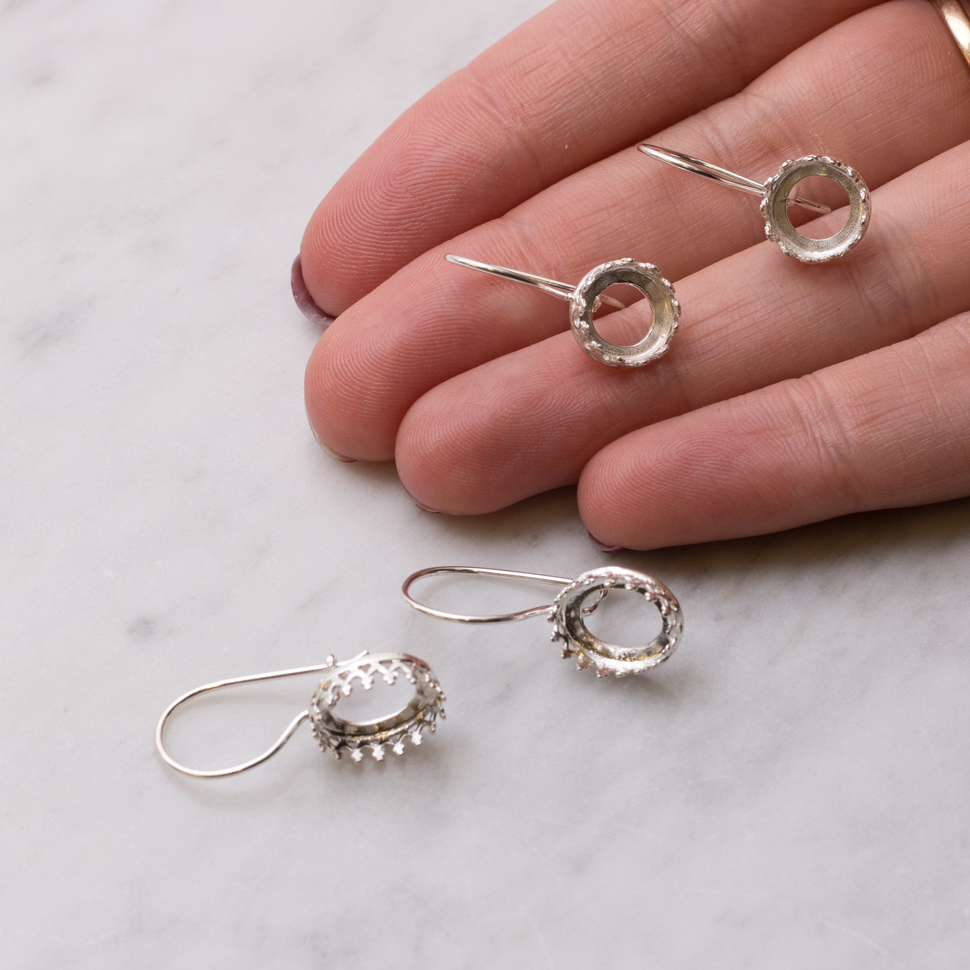 Sterling Silver Gallery Kidney Wire Earring Settings For Cabochon Stones Pair