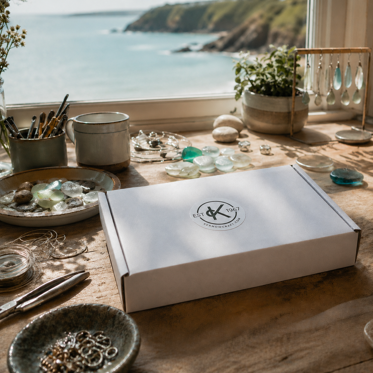 Jewellery makers box with on a wooden table by a window with a scenic view of Cornwall.