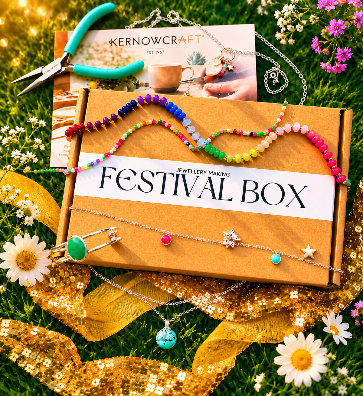 Jewellery making 'Festival Box' with beaded necklaces and tools on a grassy background