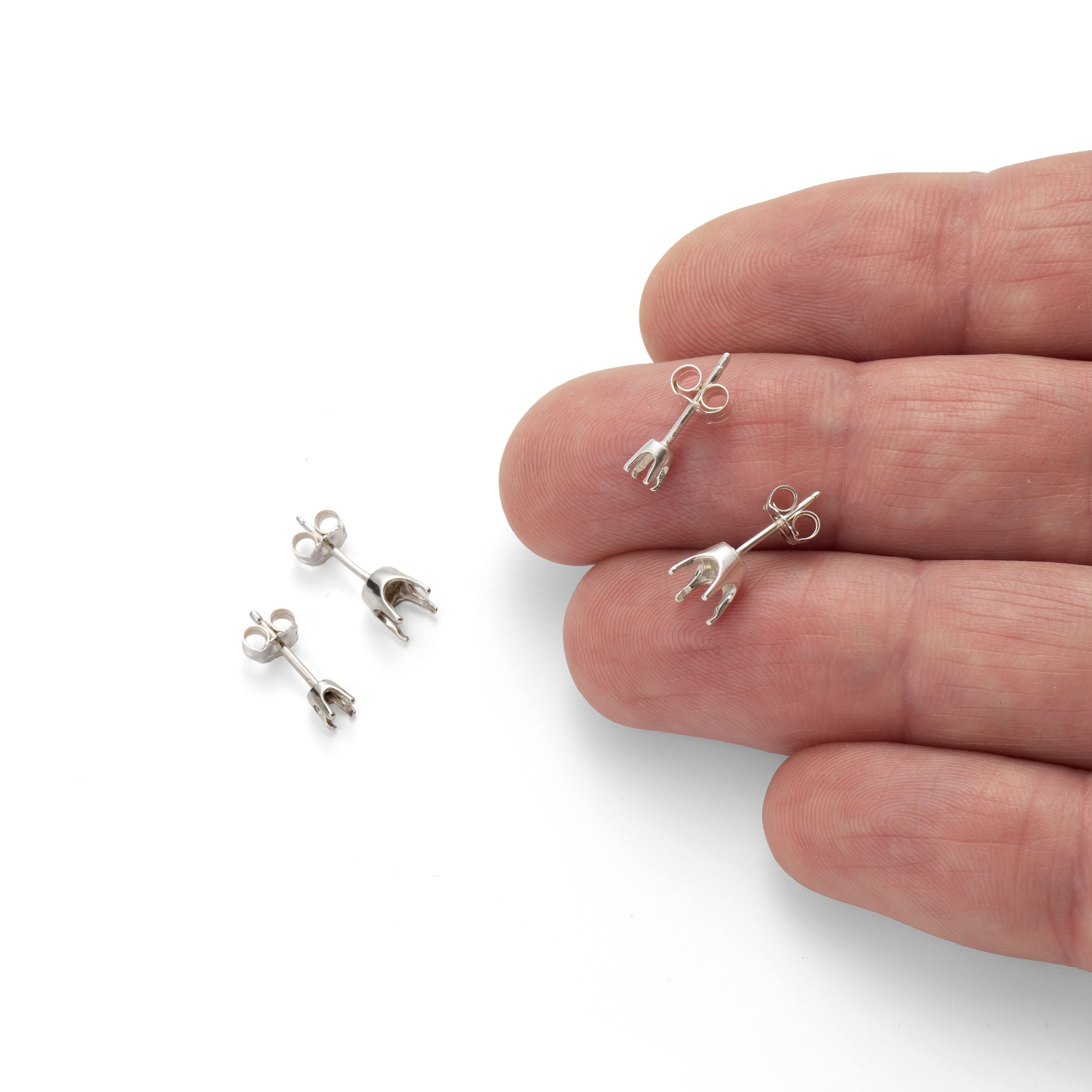 Sterling Silver 4 Prong Pre-Notched Earstud Settings For Faceted Stones